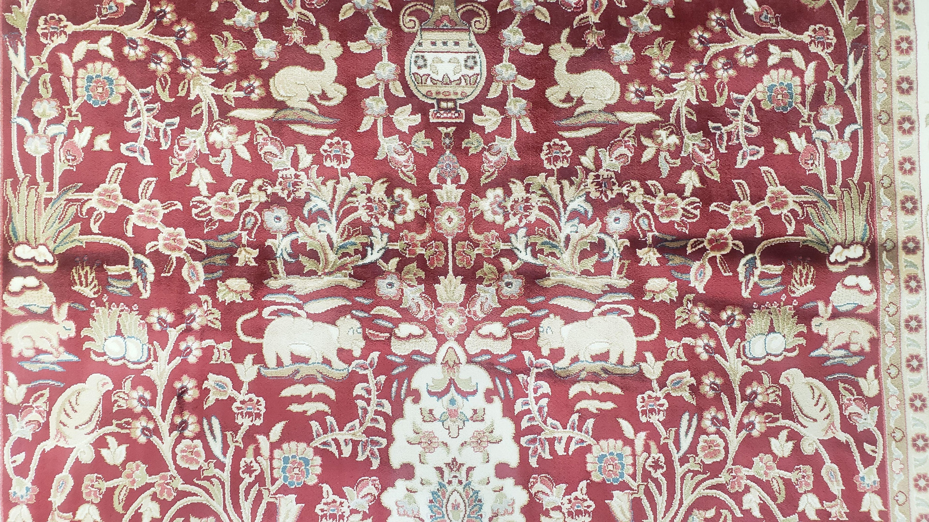 Silk Carpet 4x6 Dark Red & Cream, Tree of Life Rug, Animal Motifs, Birds Deer Rabbits, All Bamboo Silk, 4 x 6 Silk Area Rug