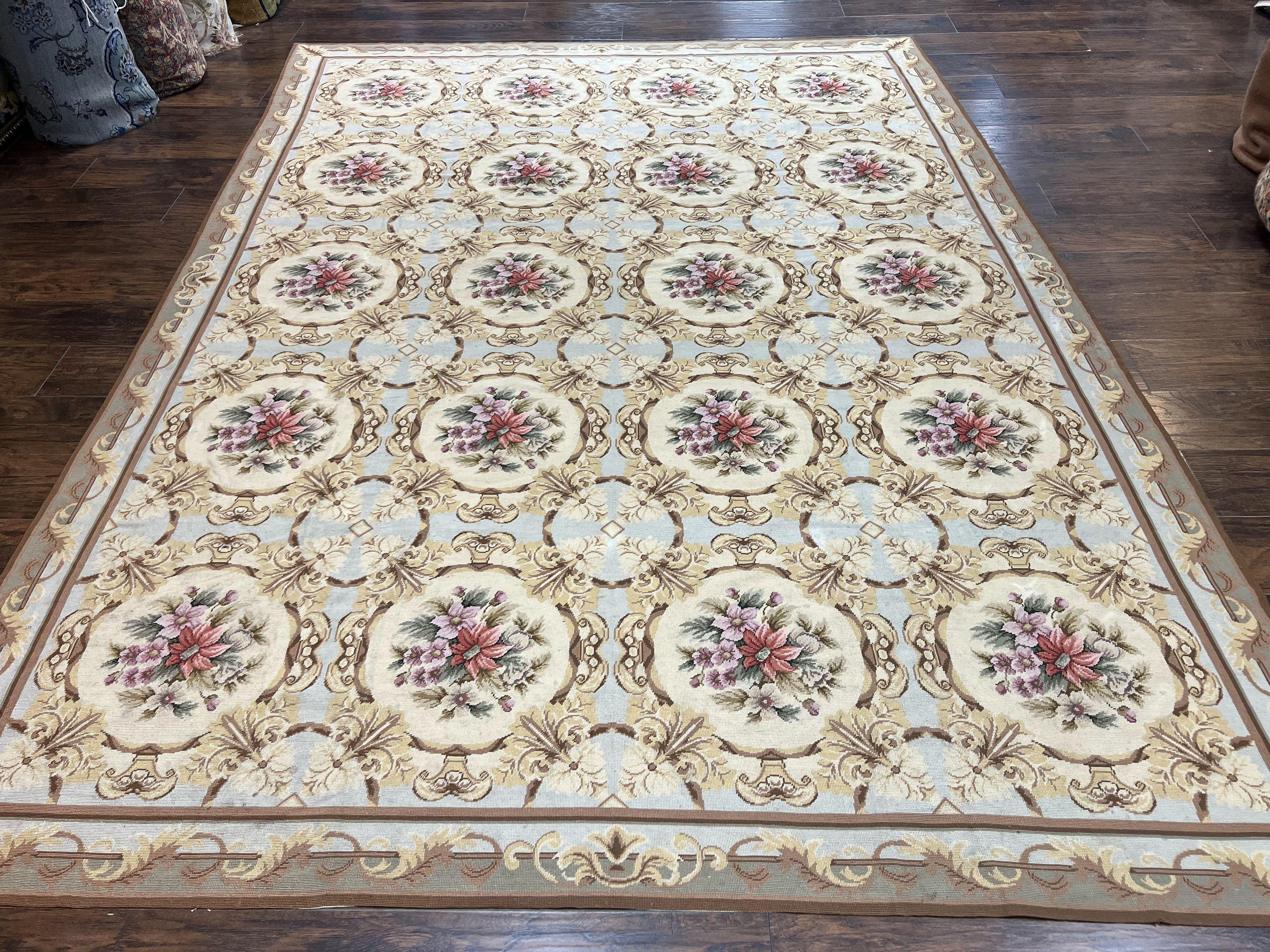 Chinese Needlepoint Rug 8x11, Handmade Wool Needlepoint Carpet, Vintage, Sky Blue