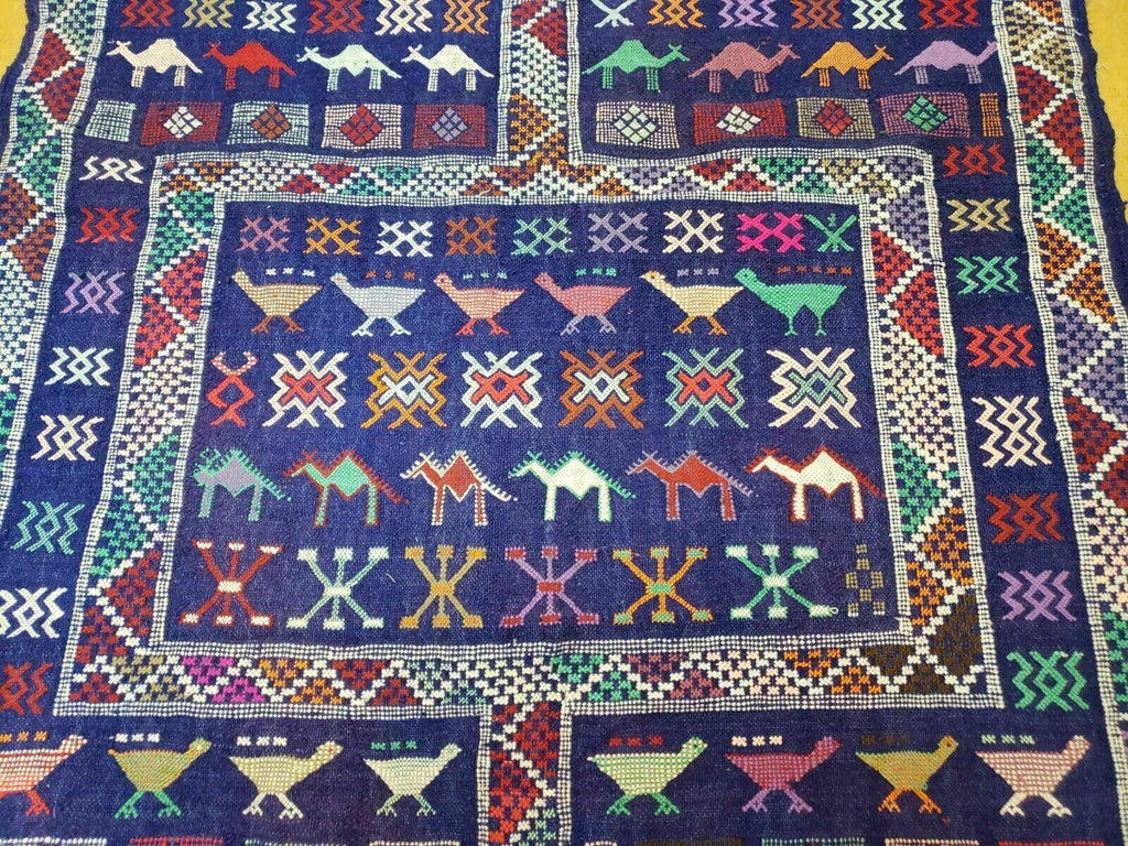 3' X 7' Vintage Handmade Indian Wool Kilim Flat weave Rug Camel Birds Blue Geometric Short Runner