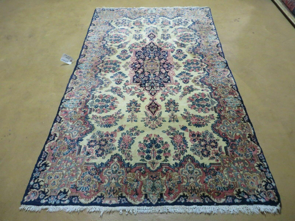 Antique Persian Kirman Rug 3.9 x 6.6, Floral Oriental Carpet, Ivory/Cream - Blue - Pink, Hand Knotted Wool Rug, Floral Medallion Rug 4x6