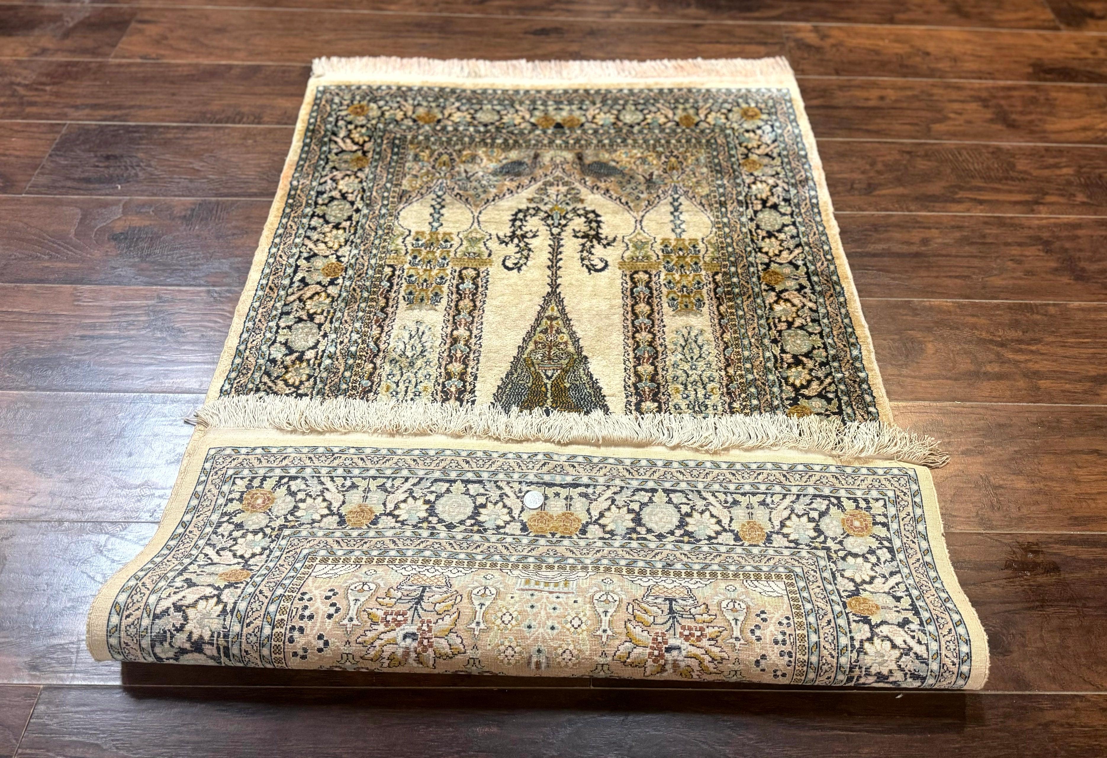 Silk Indian Kashmiri Rug 3x4, Very Fine 400 KPSI, Silk Prayer Rug, Handmade