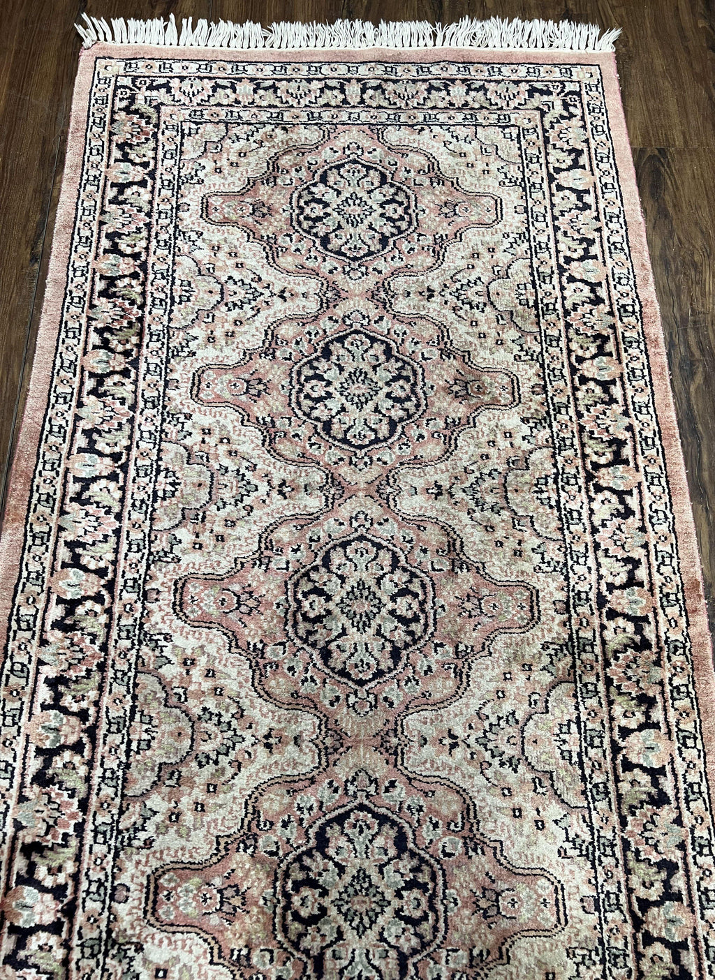 Silk Kashmiri Runner 2.7 x 10 ft Vintage Rug, Ivory Pastel Pink, Hand-Knotted Vintage Runner, Hallway Carpet, Indian Rug Medallion Runner