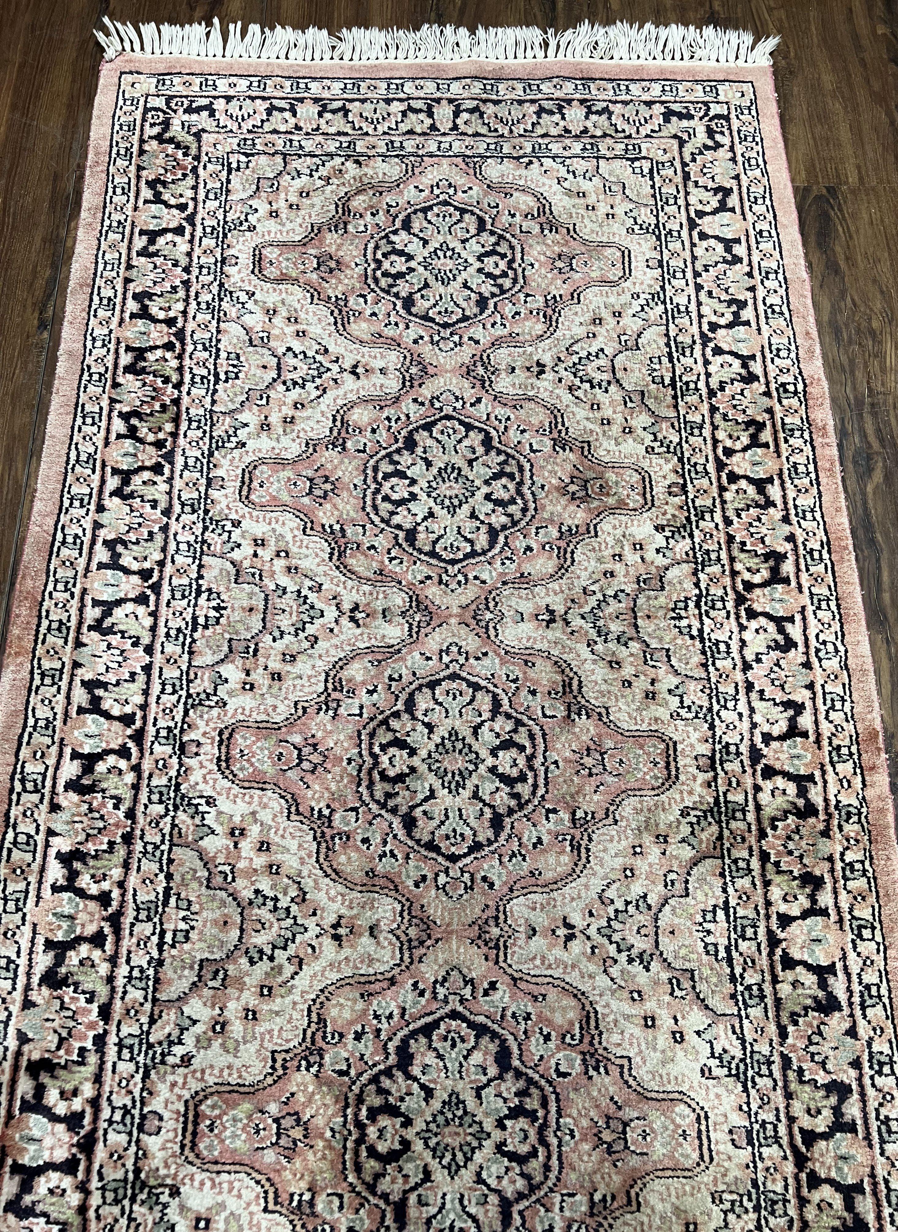 Silk Kashmiri Runner 2.7 x 10 ft Vintage Rug, Ivory Pastel Pink, Hand-Knotted Vintage Runner, Hallway Carpet, Indian Rug Medallion Runner