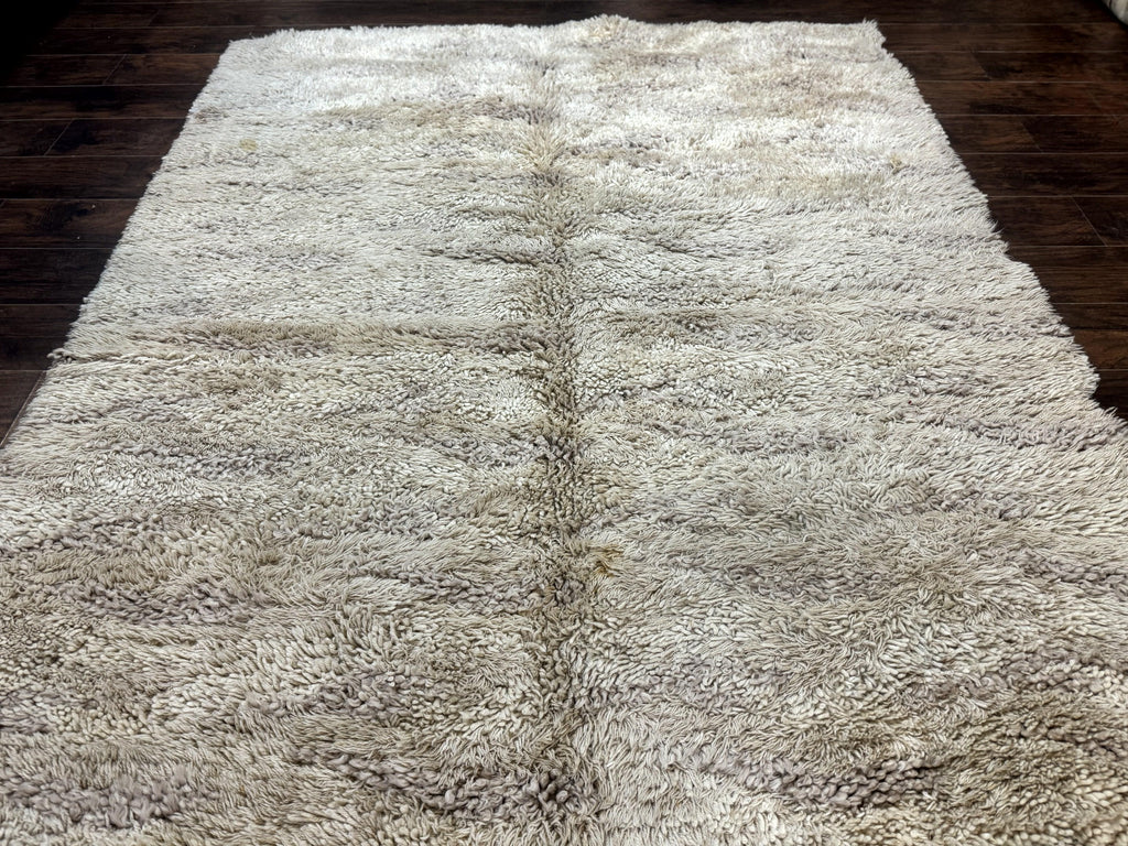 European Rya Shag Rug 6.6 x 9.7, Beige, Fluffy Vintage Area Rug