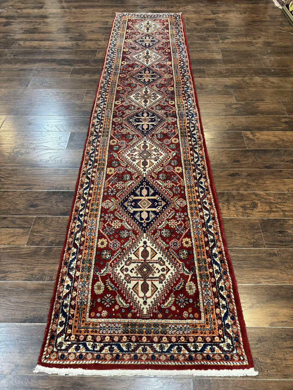 Antique Persian Qashqai Runner Rug 3 x 13 ft, Tribal Runner, Geometric Medallions, Red Ivory Blue, Wool