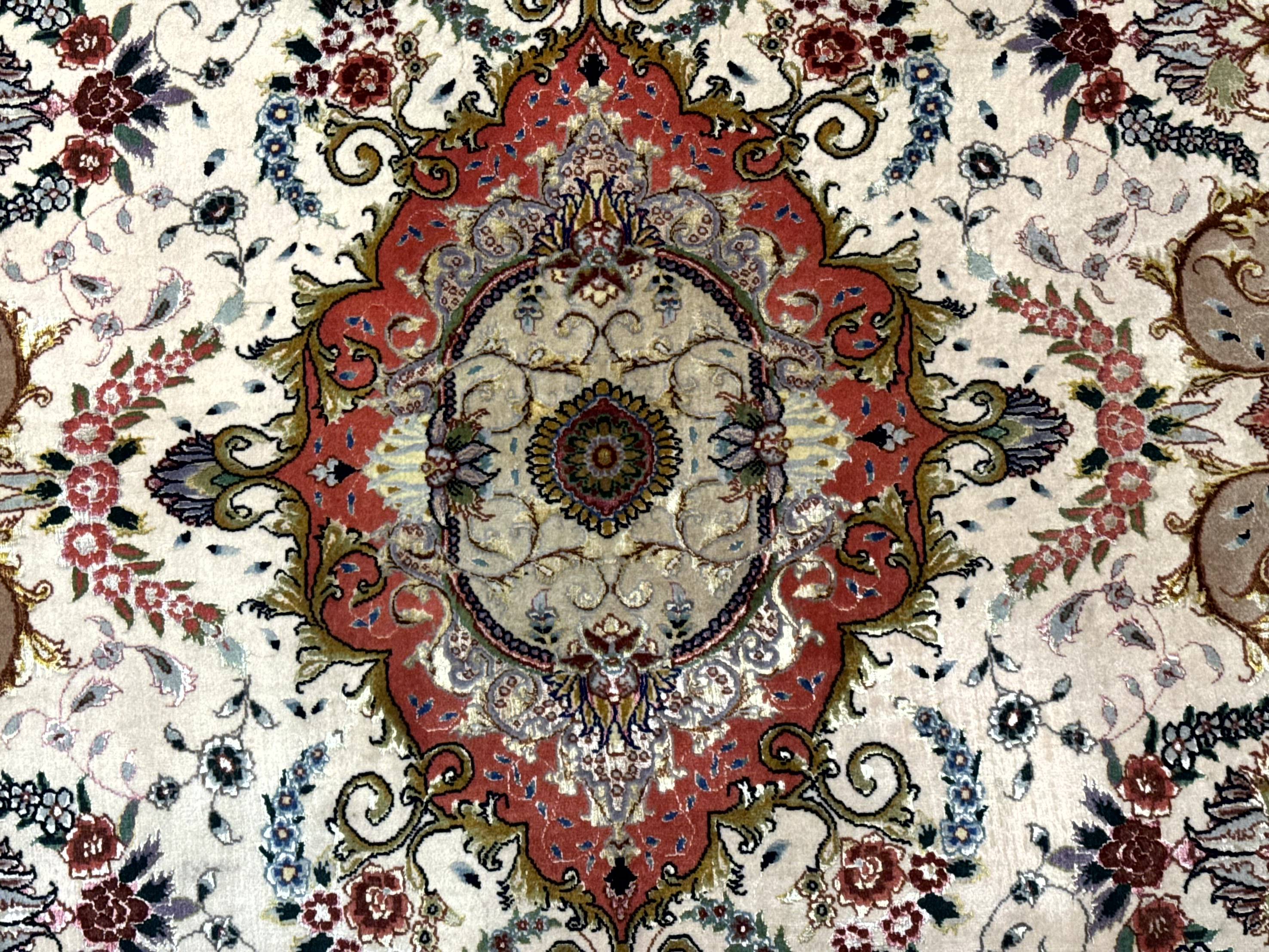 Wonderful Persian Tabriz Rug 5x7, Very Fine 440 KPSI, Ivory and Coral, Rare
