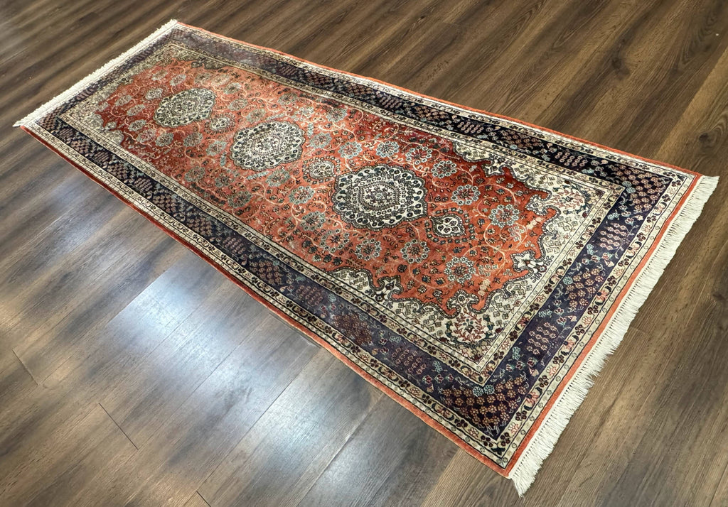 Turkish Silk Runner Rug 3x8, Short Runner Rug, Red, Floral Medallions, Very Fine 360 KPSI, 3 x 8 Runner