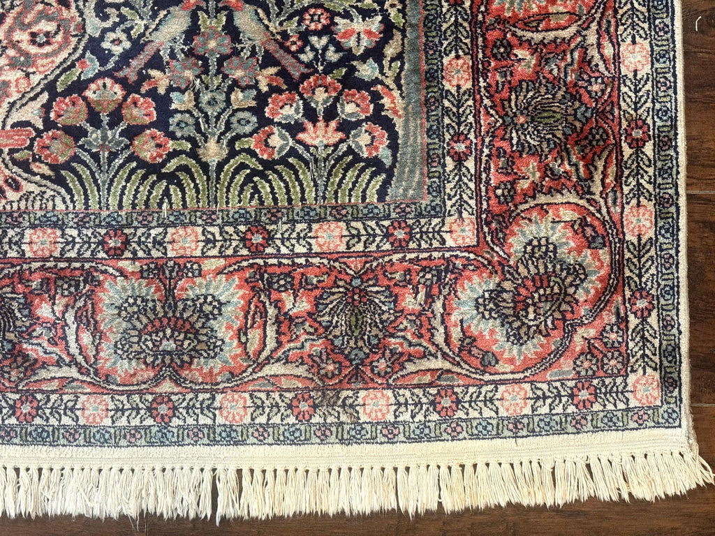 Silk Indian Kashmiri Rug 4x6, Tree of Life Pattern, Birds, Fine 290 KPSI, Navy Blue and Red, Handmade Oriental Carpet