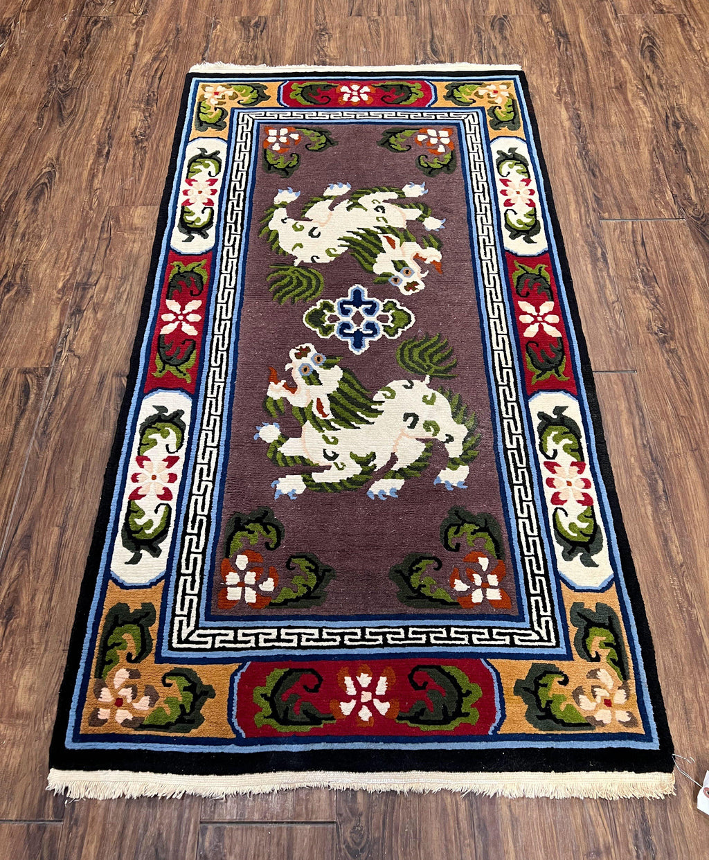 Chinese Art Deco Rug 3 x 5.5 with Animal Pictorials, Vintage Chinese Peking Wool Area Rug, Dark Puce Maroon Ivory, Hand Knotted Soft Carpet