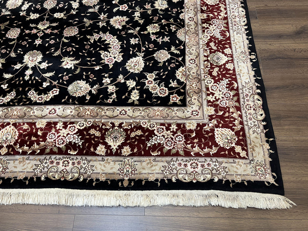 Sino Persian Rug 9x12, High Quality Oriental Carpet, Black and Maroon, Wool and Silk, Allover Floral Pattern, Hand Knotted, Vintage Rug Nice