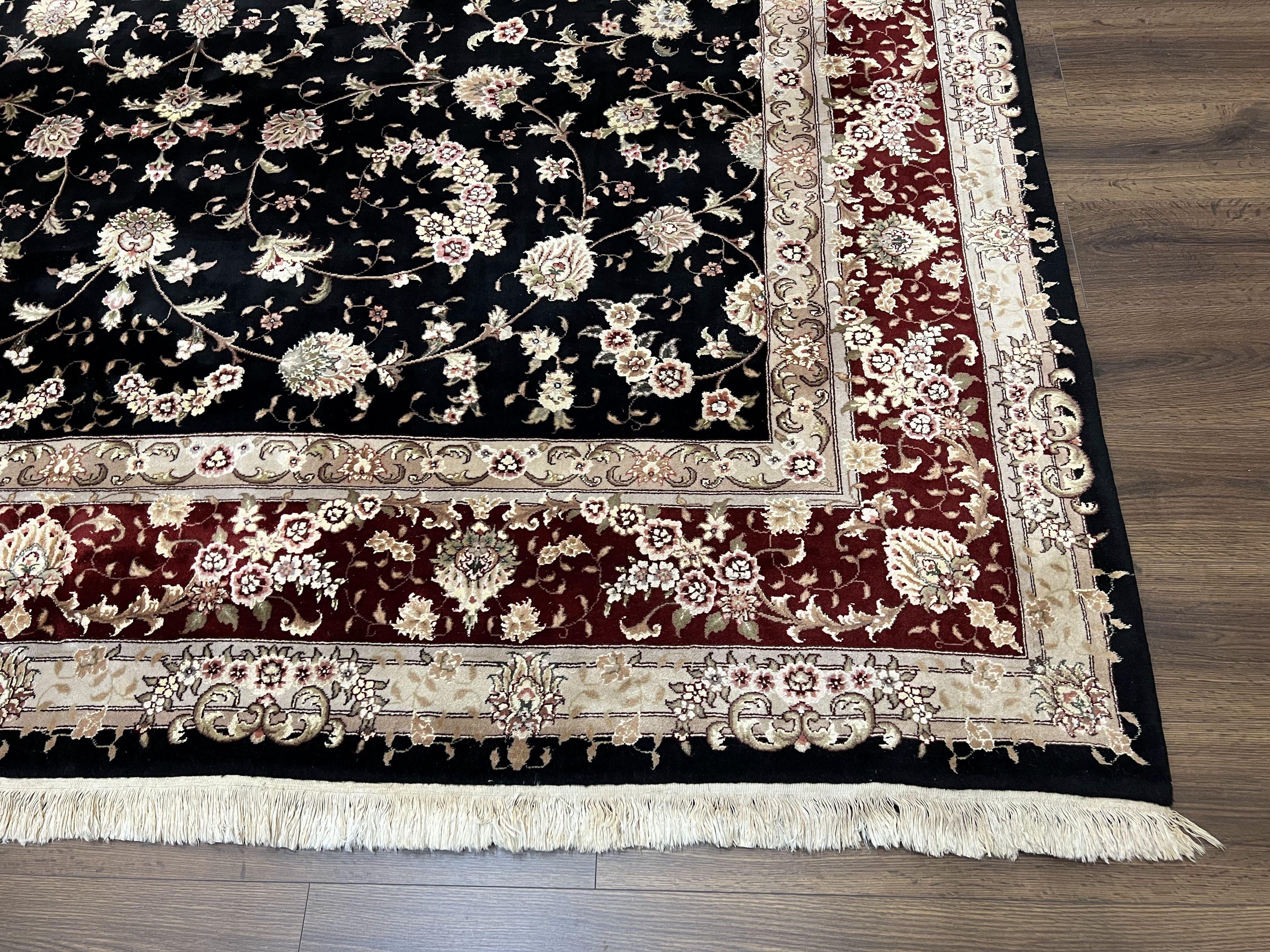 Sino Persian Rug 9x12, High Quality Oriental Carpet, Black and Maroon, Wool and Silk, Allover Floral Pattern, Hand Knotted, Vintage Rug Nice