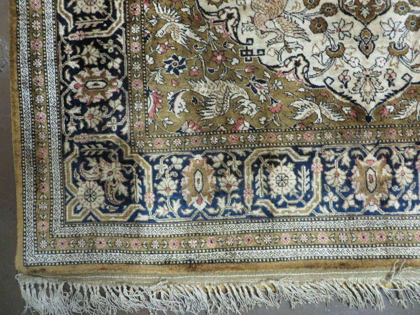 Handmade Silk Rug 3x5, Vintage Antique Silk Carpet, Hand-Knotted Oriental Rug 3 x 5, Animal Motifs, Deer Birds, One-Of-A-Kind