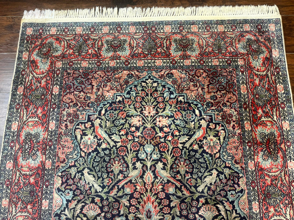 Silk Indian Kashmiri Rug 4x6, Tree of Life Pattern, Birds, Fine 290 KPSI, Navy Blue and Red, Handmade Oriental Carpet