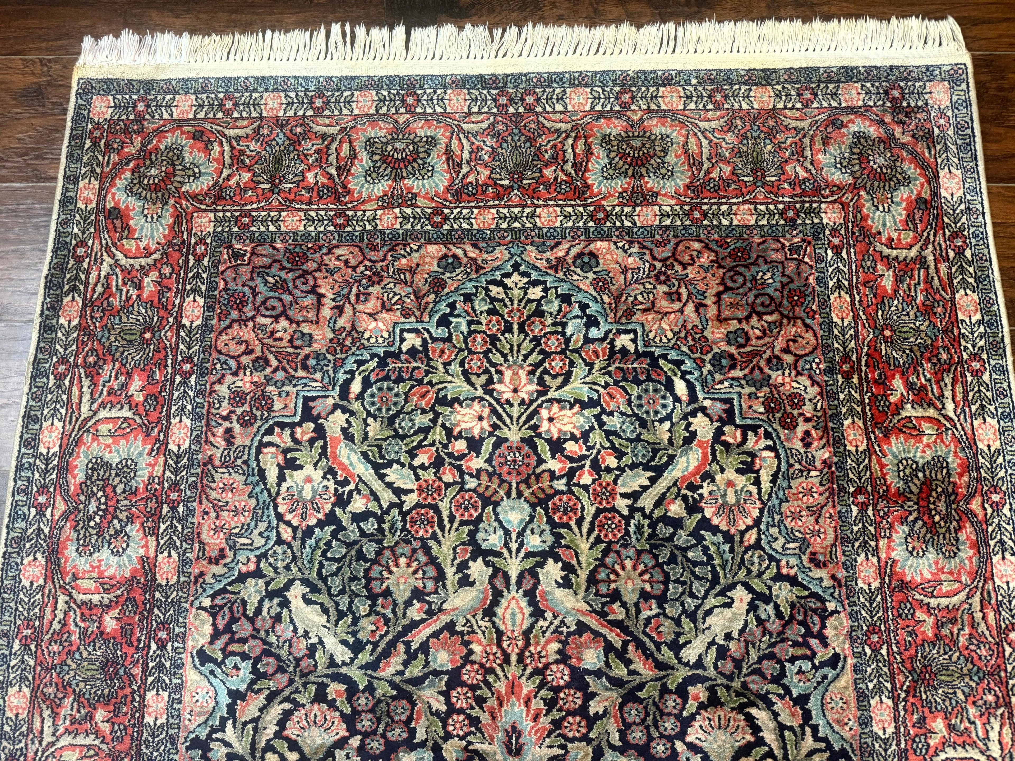 Silk Indian Kashmiri Rug 4x6, Tree of Life Pattern, Birds, Fine 290 KPSI, Navy Blue and Red, Handmade Oriental Carpet
