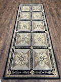 Needlepoint Runner Rug 3x8 Panel Design Rug, Flatweave Runner Rug, English Design, Floral, Short Runner Rug, Black and Beige Wool Hand-Woven