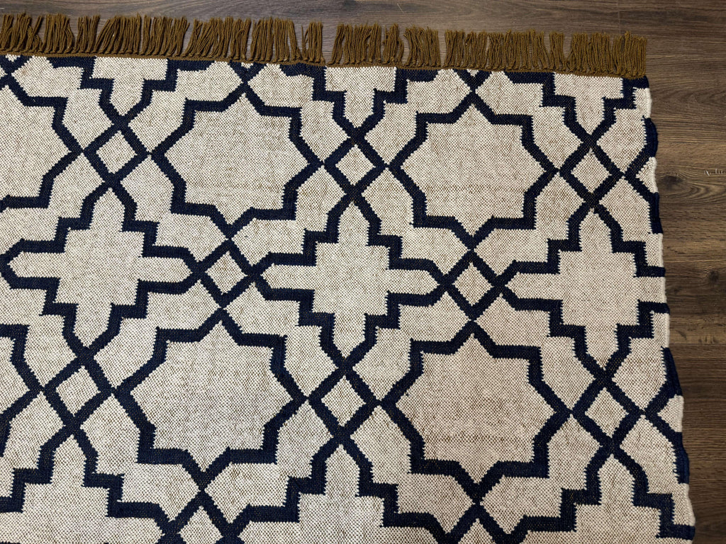 Indian Kilim Rug 8x10, Oat and Navy Blue, Dhurrie Carpet, Handmade, Wool