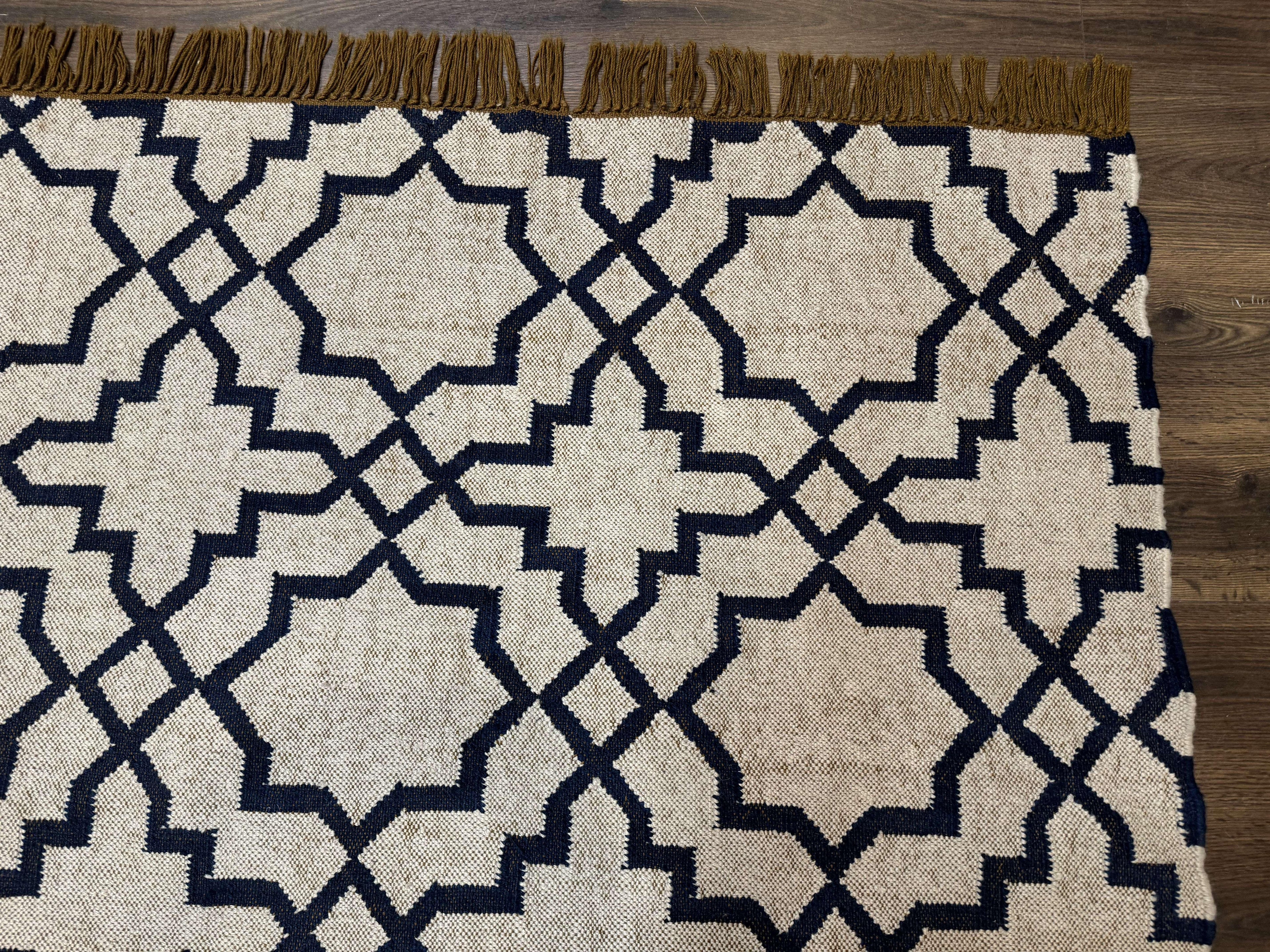 Indian Kilim Rug 8x10, Oat and Navy Blue, Dhurrie Carpet, Handmade, Wool