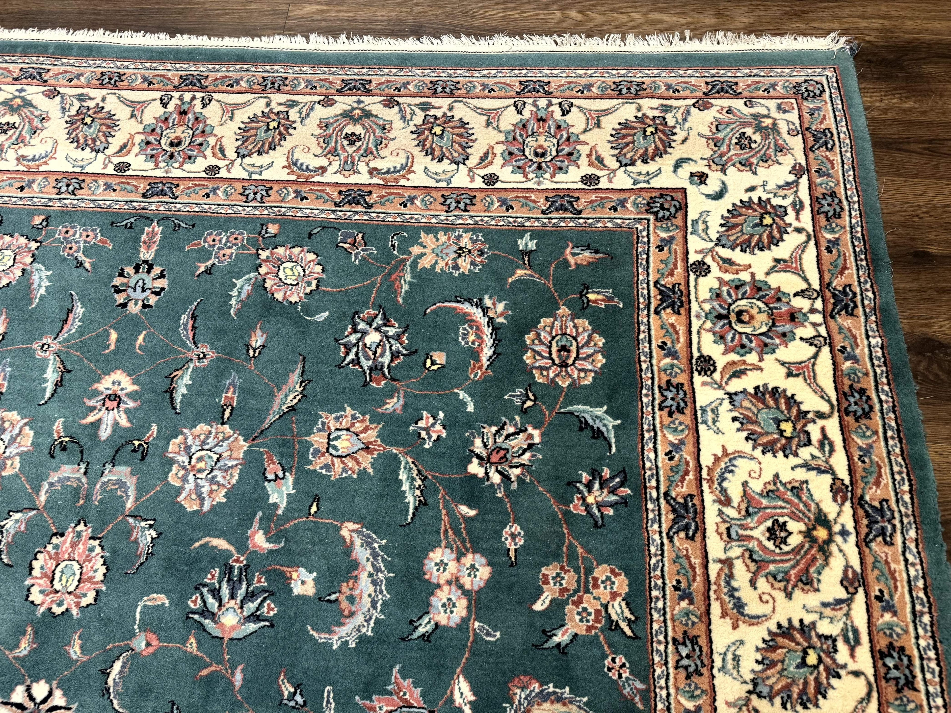 Indo Persian Rug 8x10, Green and Beige Oriental Carpet, Traditional Wool Area Rug, Floral Allover Pattern