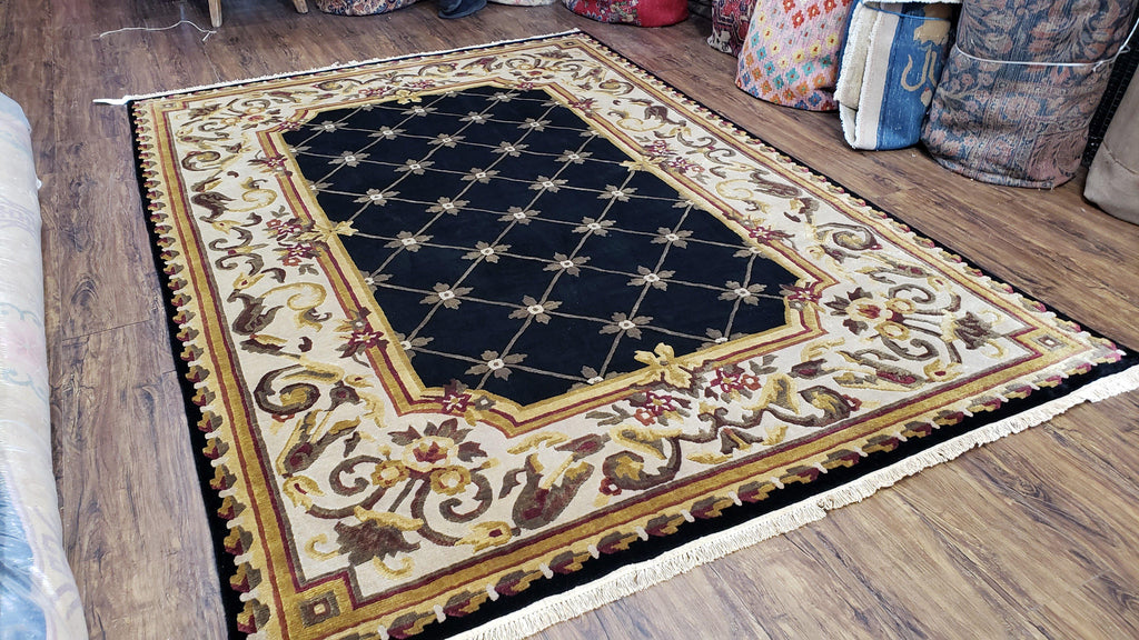 Nepal Rug 6x9, New Aubusson Nepalese Tibetan Carpet 6'1" x 8' 8", Hand-Knotted Wool, Unused, Black & Cream, Savonnerie Pattern, Soft Pile