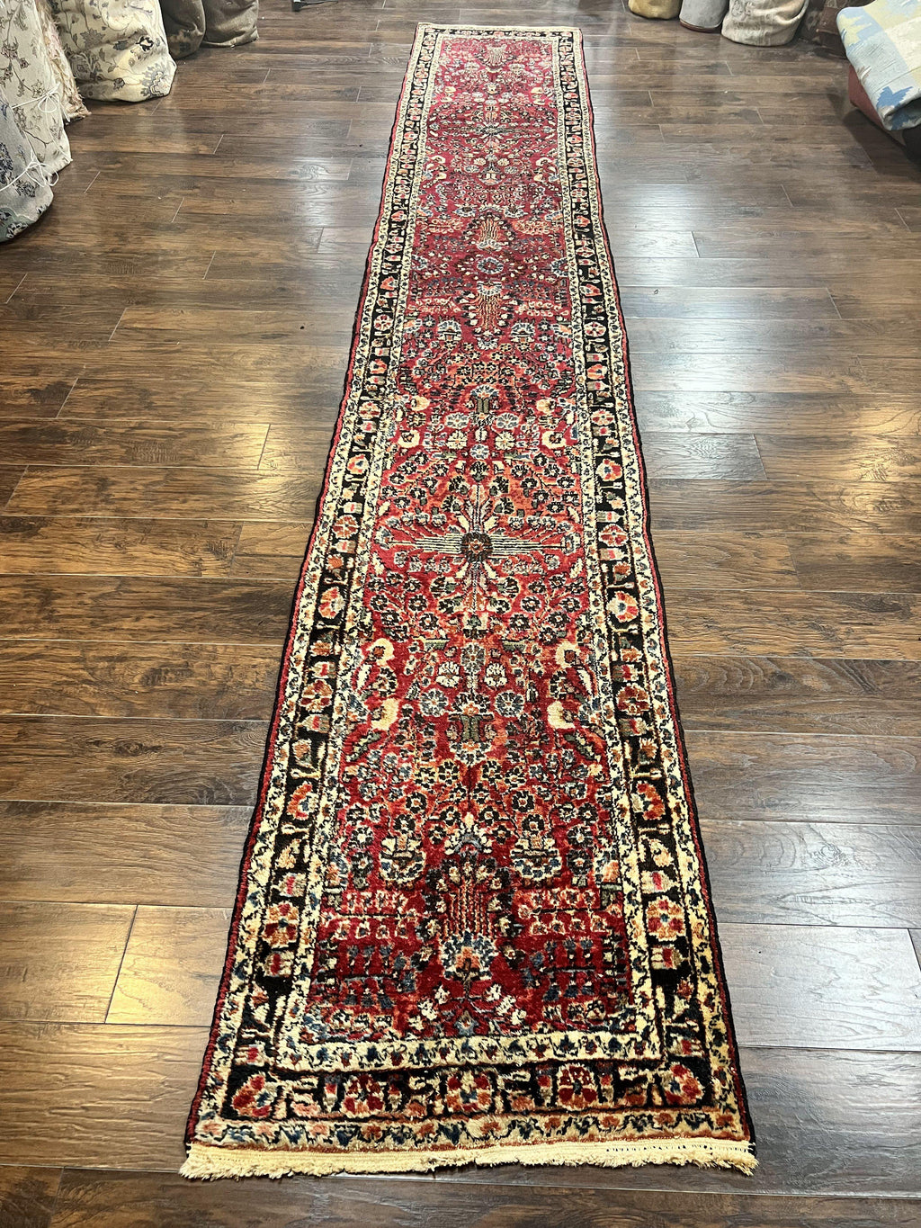 Antique Persian Runner Rug 2.9 x 17, Rare Sarouk Runner, Handmade Wool Rug for Hallway, Red, Floral