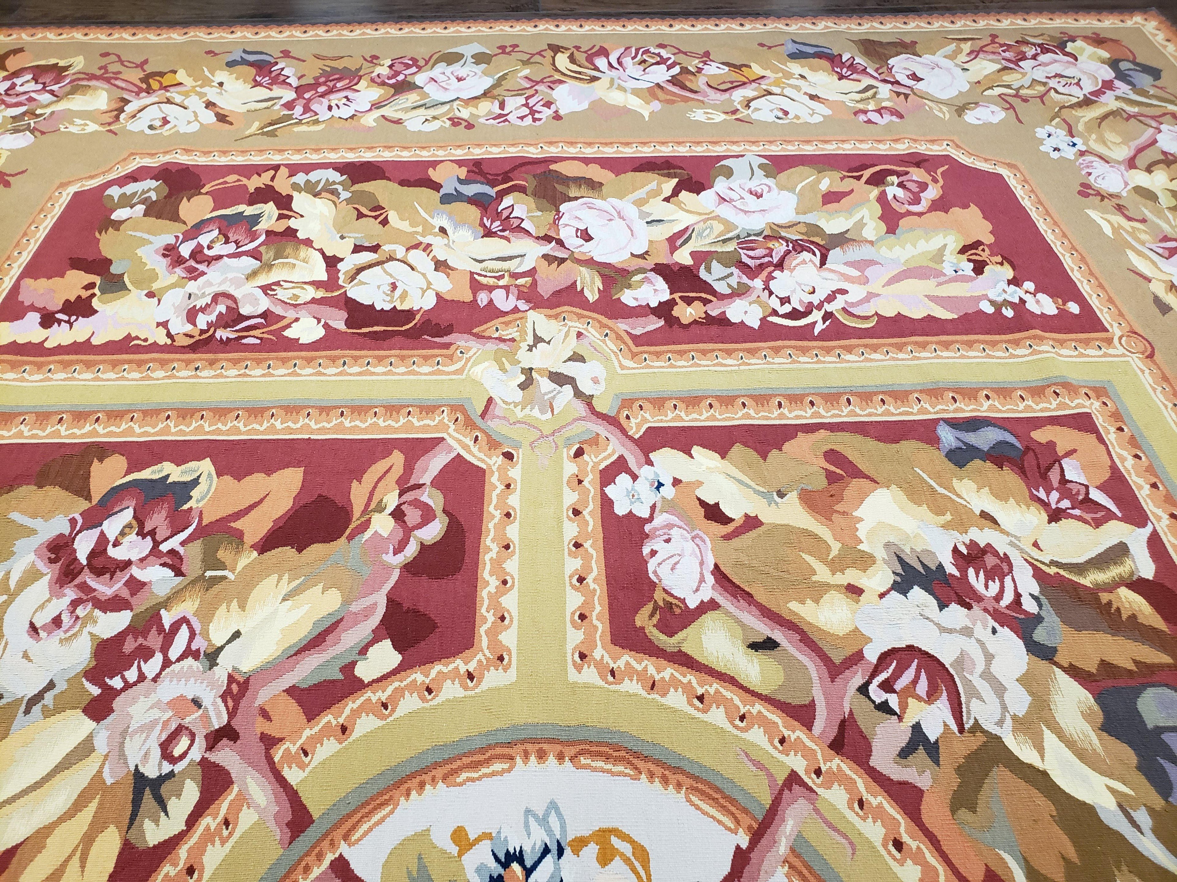 Vintage Chinese Aubusson Savonnerie Flat Pile Rug 9.9 x 14.5 Wool Handwoven Red & Khaki Large Flowers Rug 9x14 - 10x15 Michaelian Kolhberg