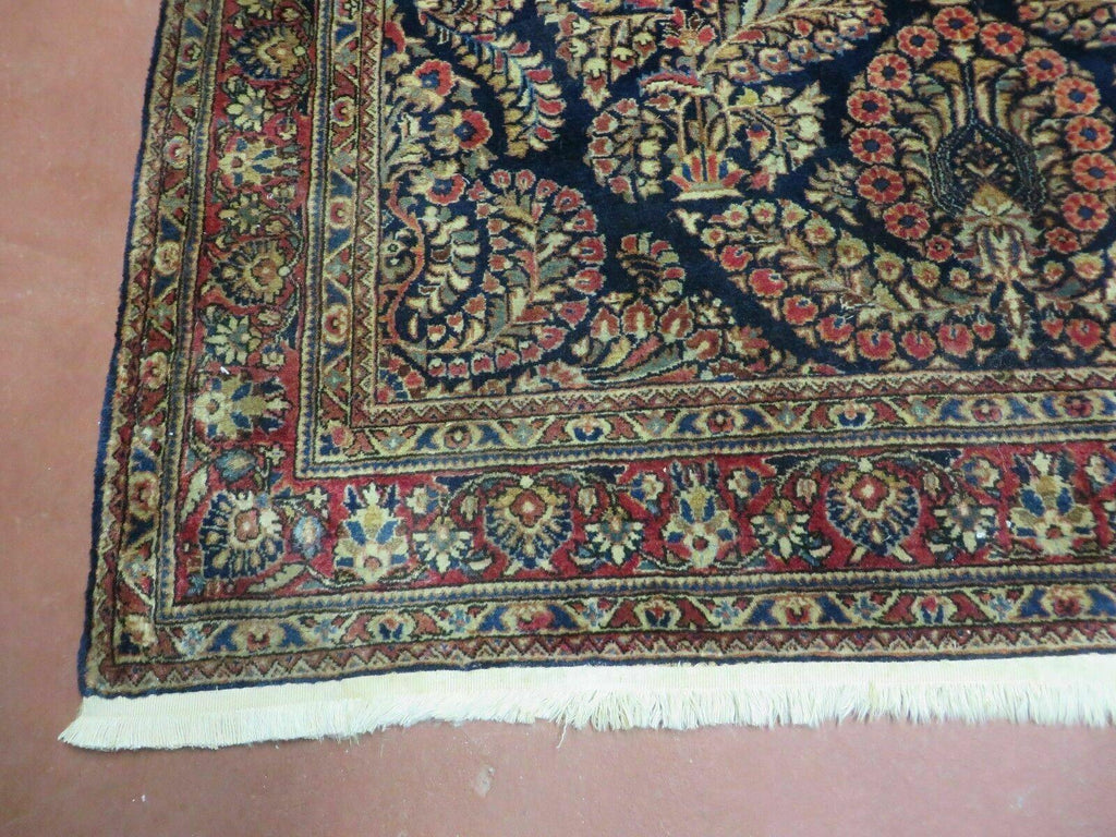 Antique Persian Sarouk Rug 4x6, Hand Knotted 1920s Oriental Carpet 4 x 6 ft, Navy Blue and Red Wool Rug, Handmade Floral Allover Persian Area Rug