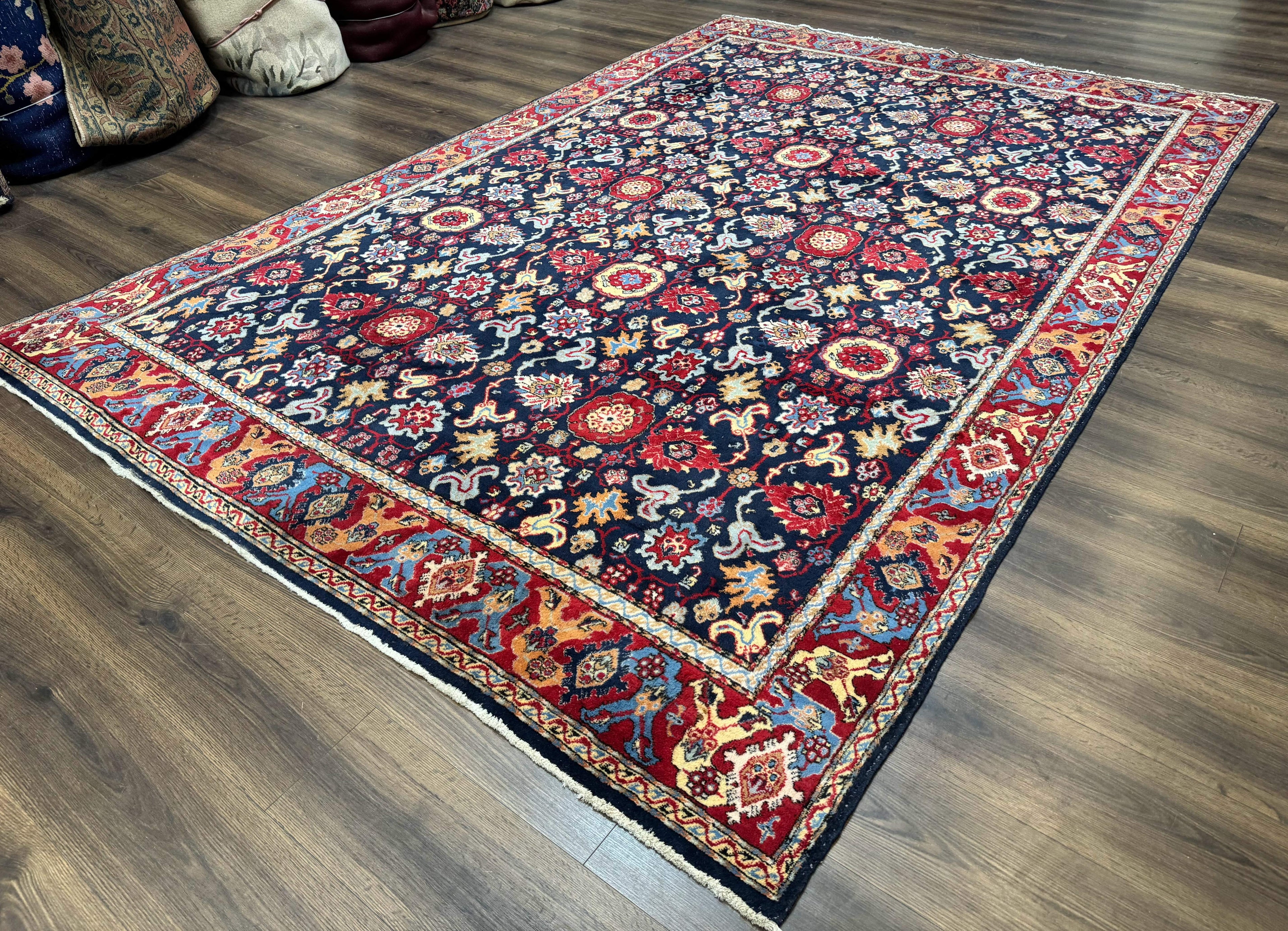 Persian Sarouk Mahal Rug 7x11, Navy Blue Multicolor Colorful Persian Carpet, Mina Khani Allover Pattern, Vintage Persian Rug