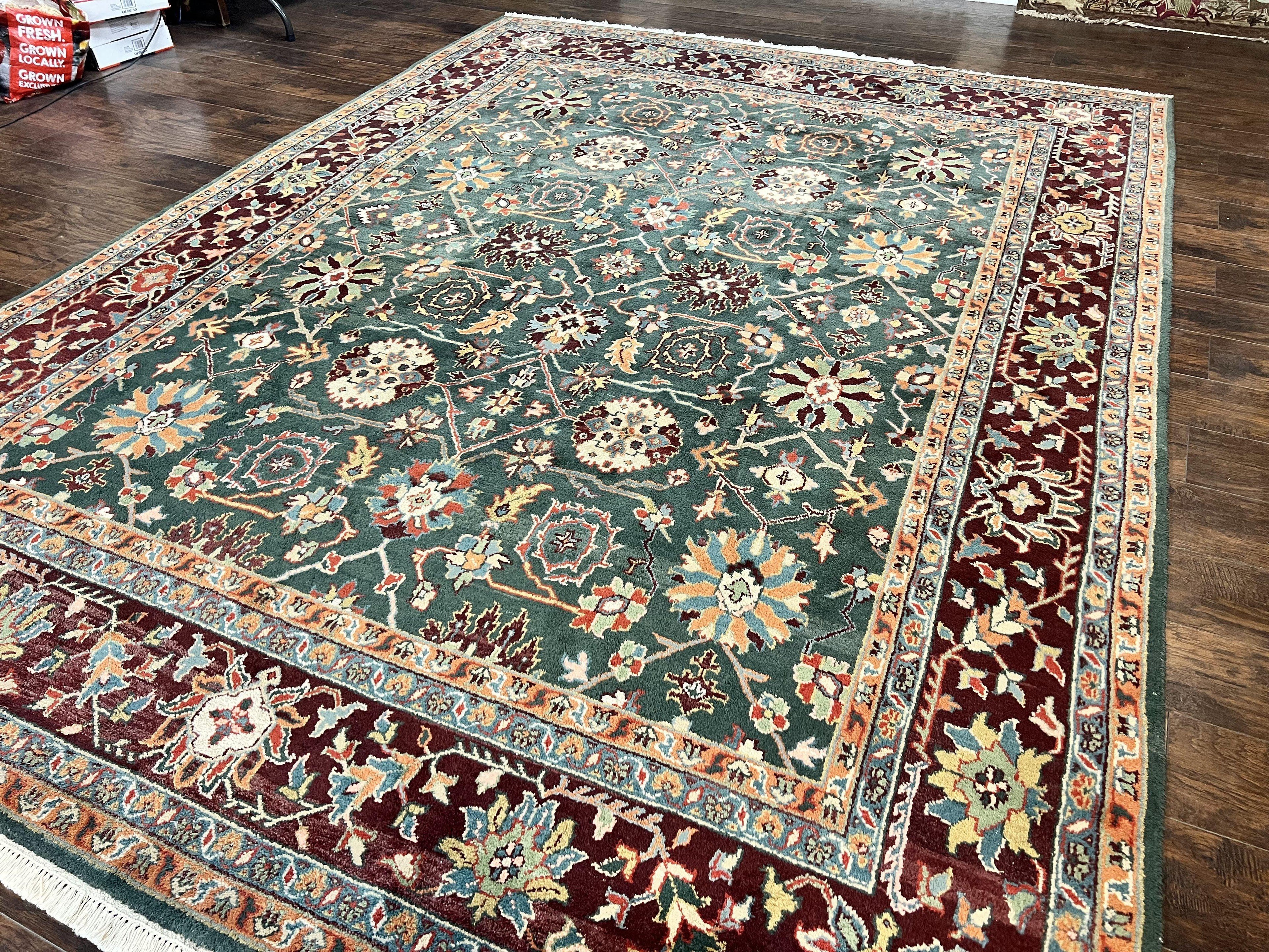 Indo Persian Rug 9x12, Wool Hand Knotted Vintage Carpet, Green and Maroon, Traditional Allover Floral Design, 9 x 12 Room Sized Rug