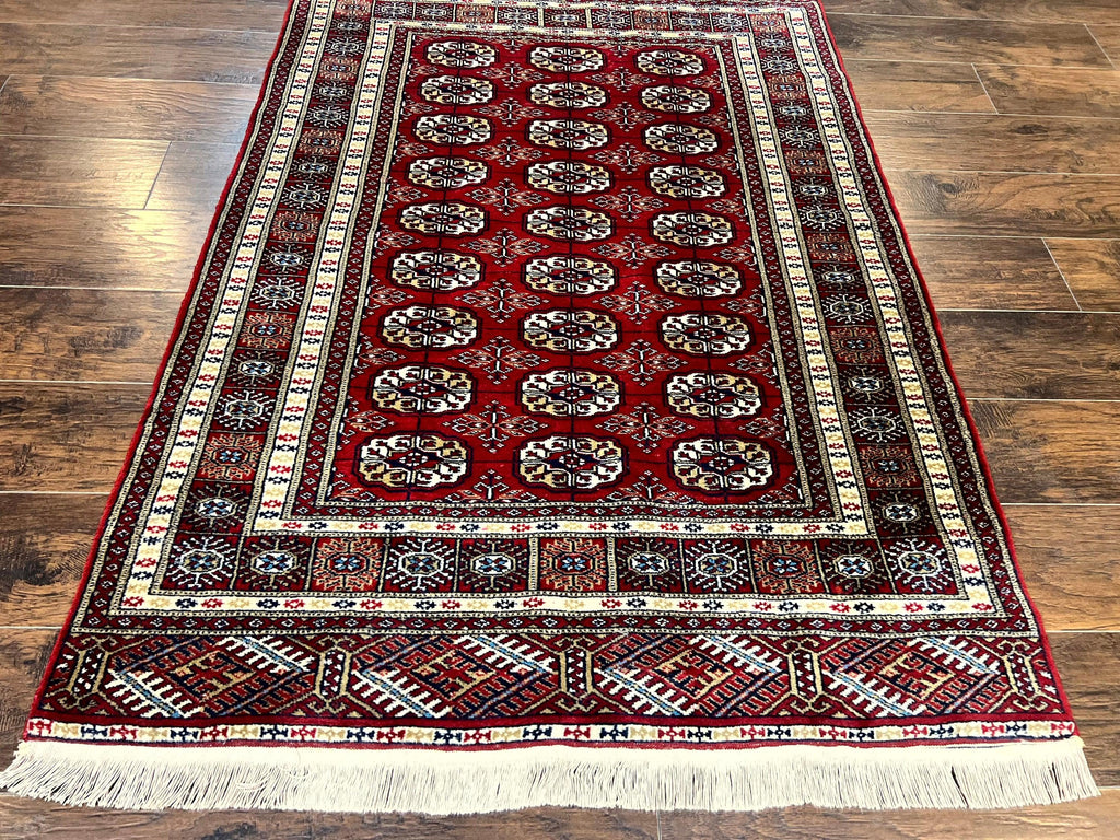 Pakistani Bokhara Rug 4x6, Red Turkoman Carpet, Finely Hand Knotted, Wool Vintage Rug
