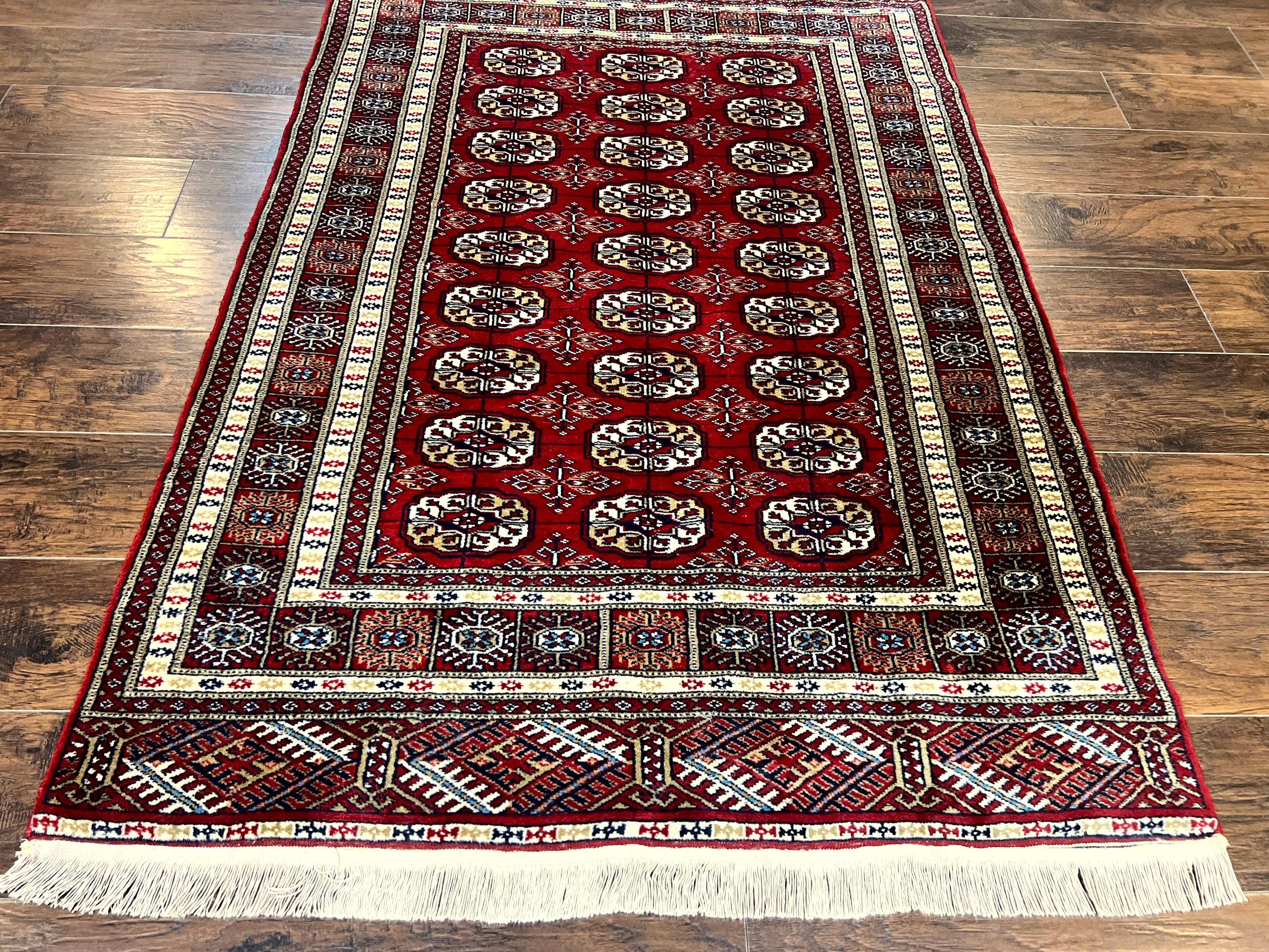 Pakistani Bokhara Rug 4x6, Red Turkoman Carpet, Finely Hand Knotted, Wool Vintage Rug