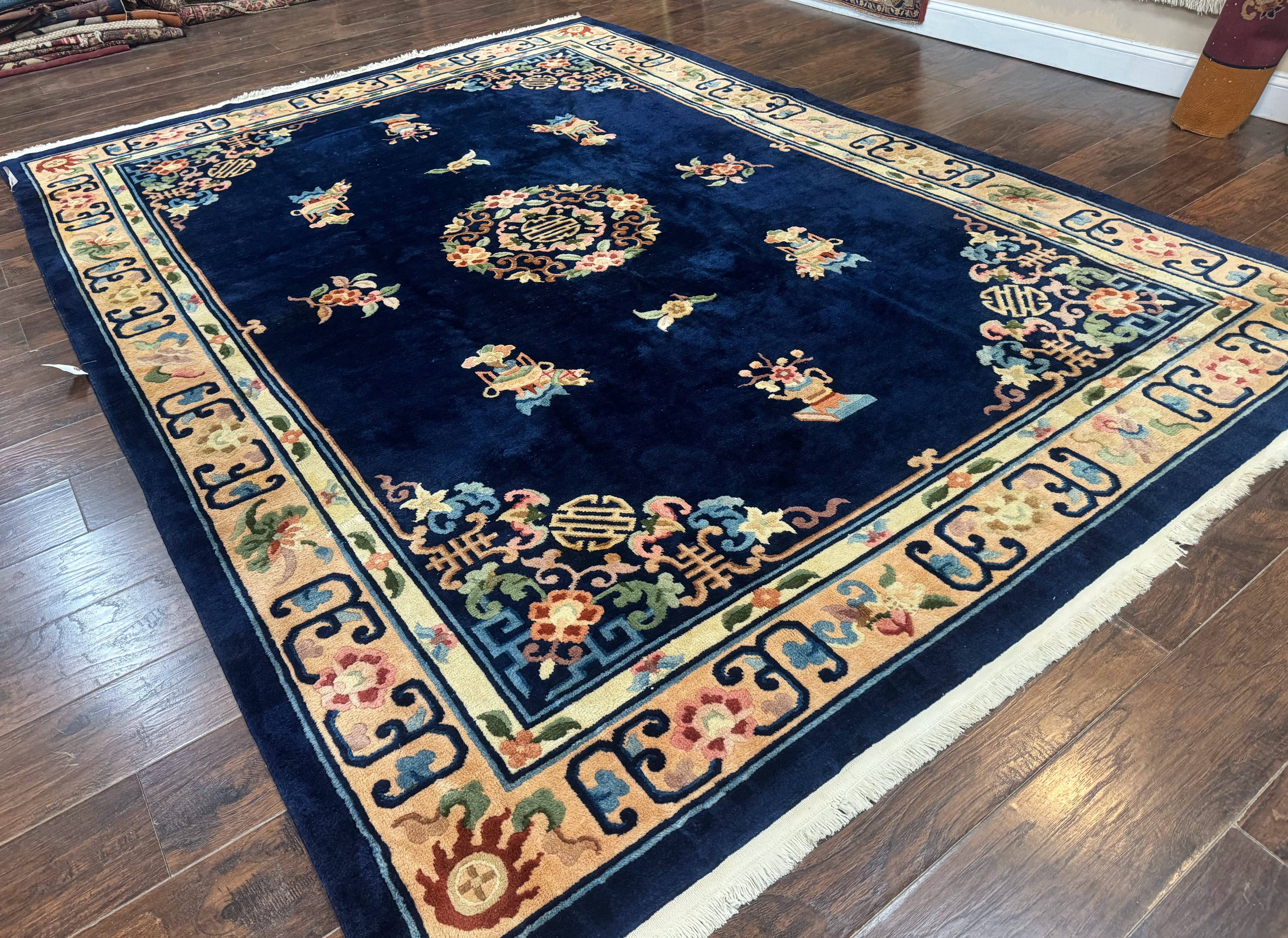 Chinese Wool Rug 8x11, Navy Blue and Beige, Simple Design, Fete Carpet