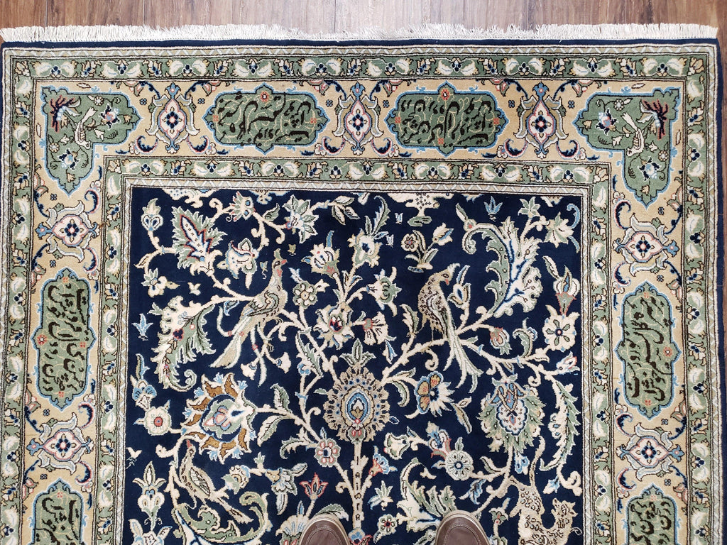 Semi Antique Persian Qum Tree of Life Rug, Hand-Knotted, Wool, Midnight Blue and Tan, Animal Pictorials, Written Poem in Borders, 4' 8" x 7' 8"