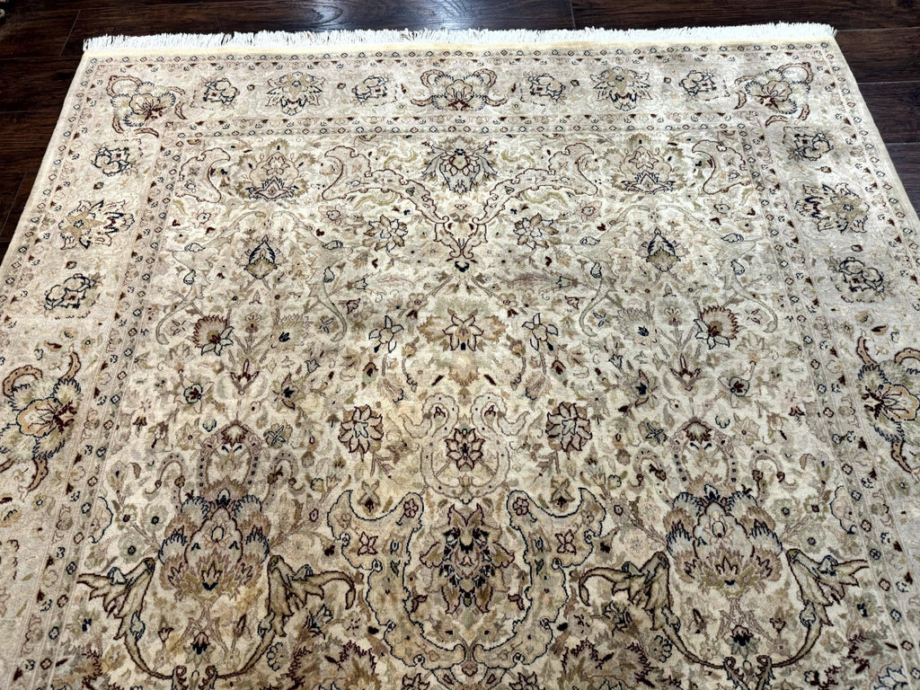 Pak Persian Rug 6x9, Vintage Handmade Wool Carpet, Floral, Beige