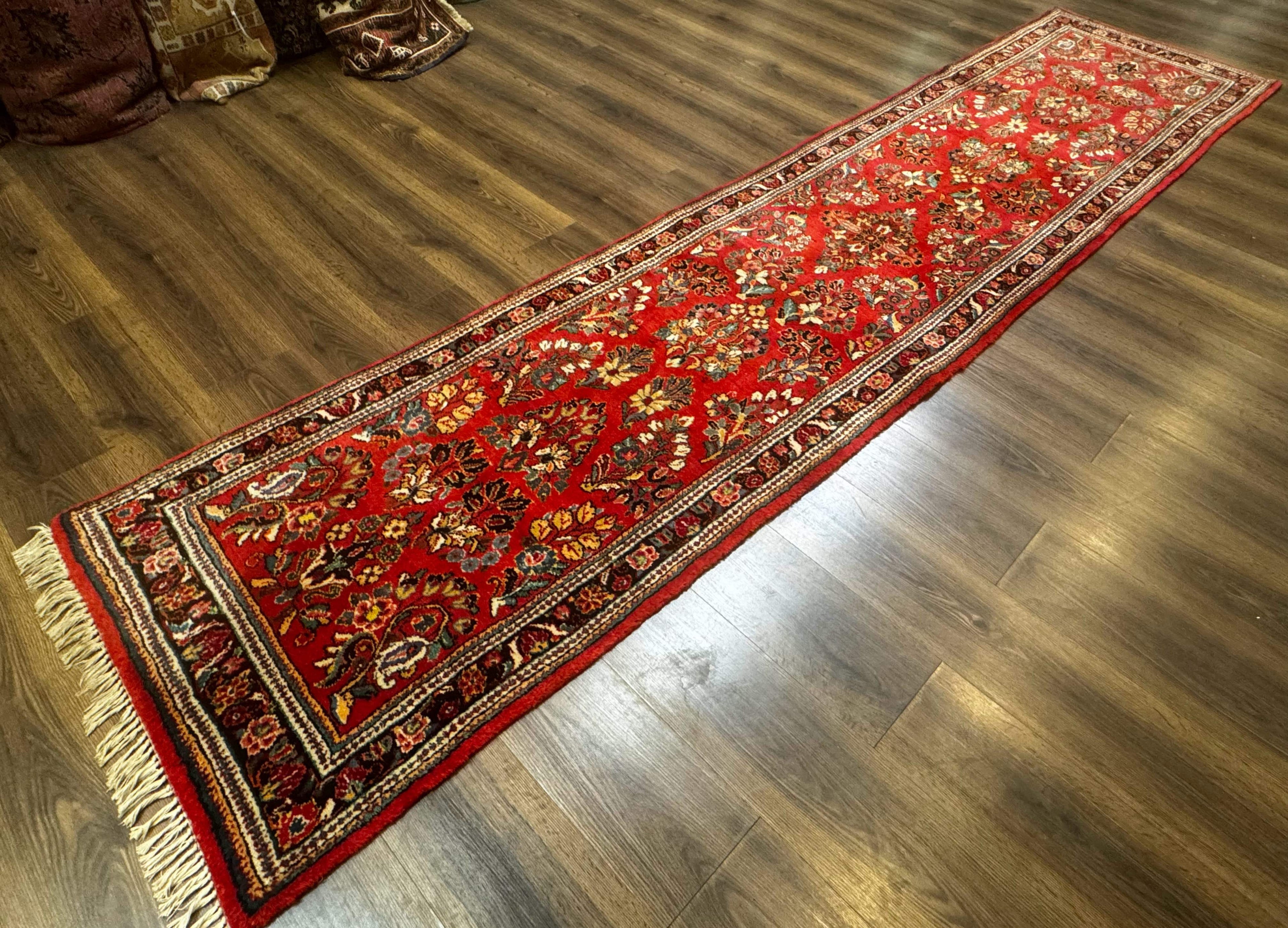 Persian Sarouk Runner Rug 3x12, Red Floral 3 x 12ft Runner, Vintage, Wool