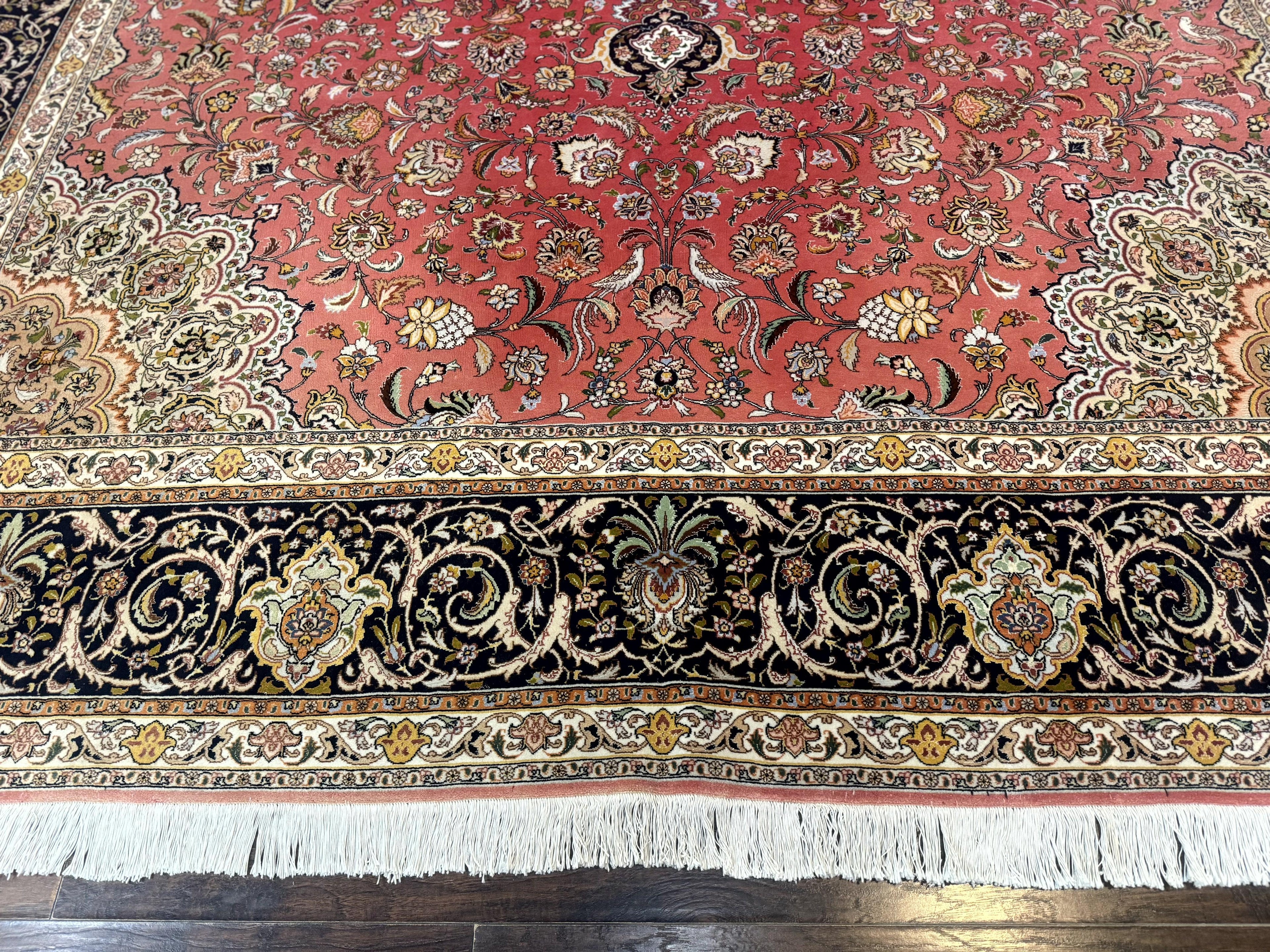 Persian Tabriz Rug 10x13 – Floral Medallion & Birds, Wool & Silk, 330 KPSI