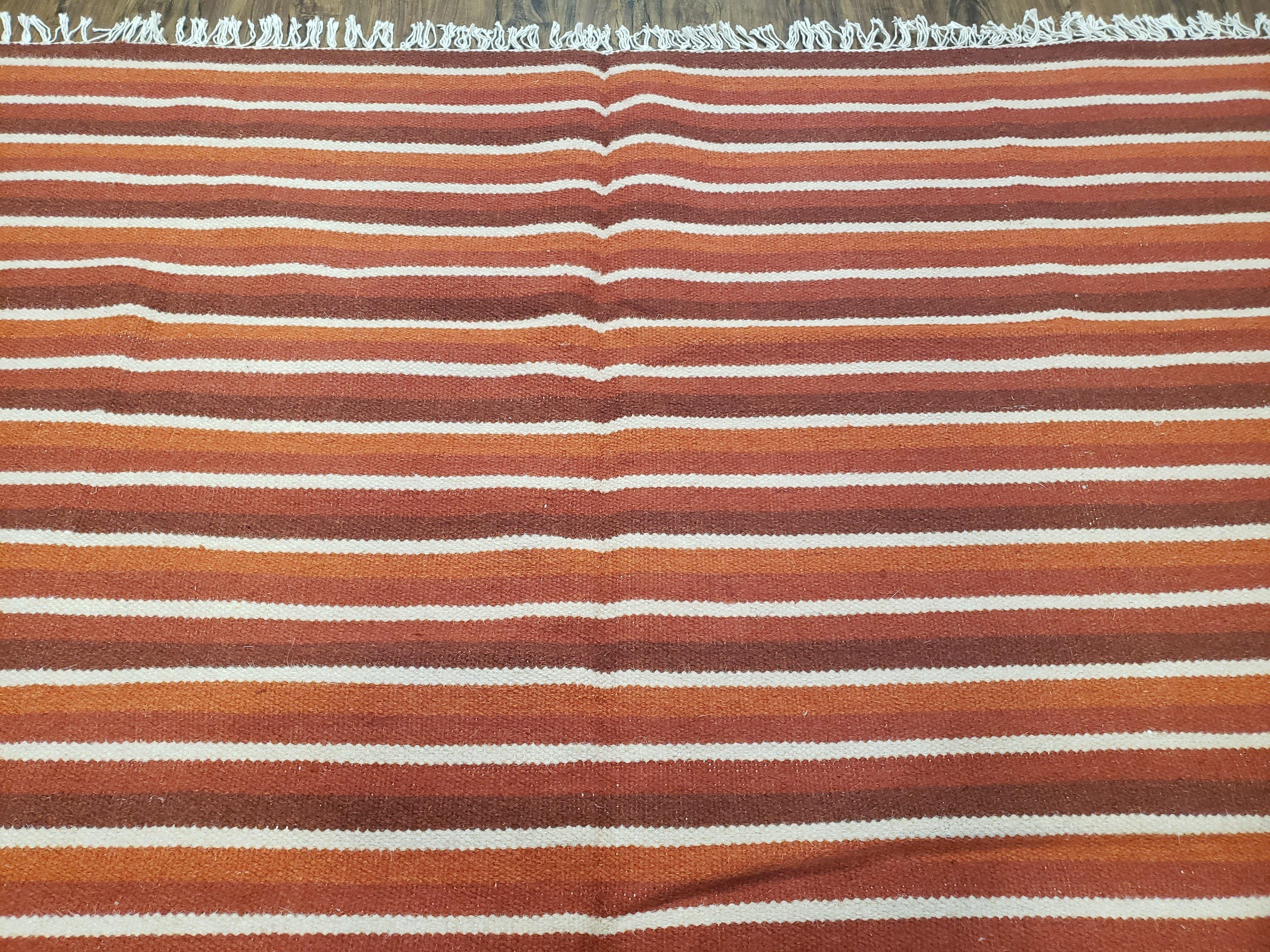 Large Striped Woolen Handmade Throw Blanket, Twin Size Bedding Hand-Woven, Indian Kilim Area Rug, 6x8 - 7x8, South American Style Textile