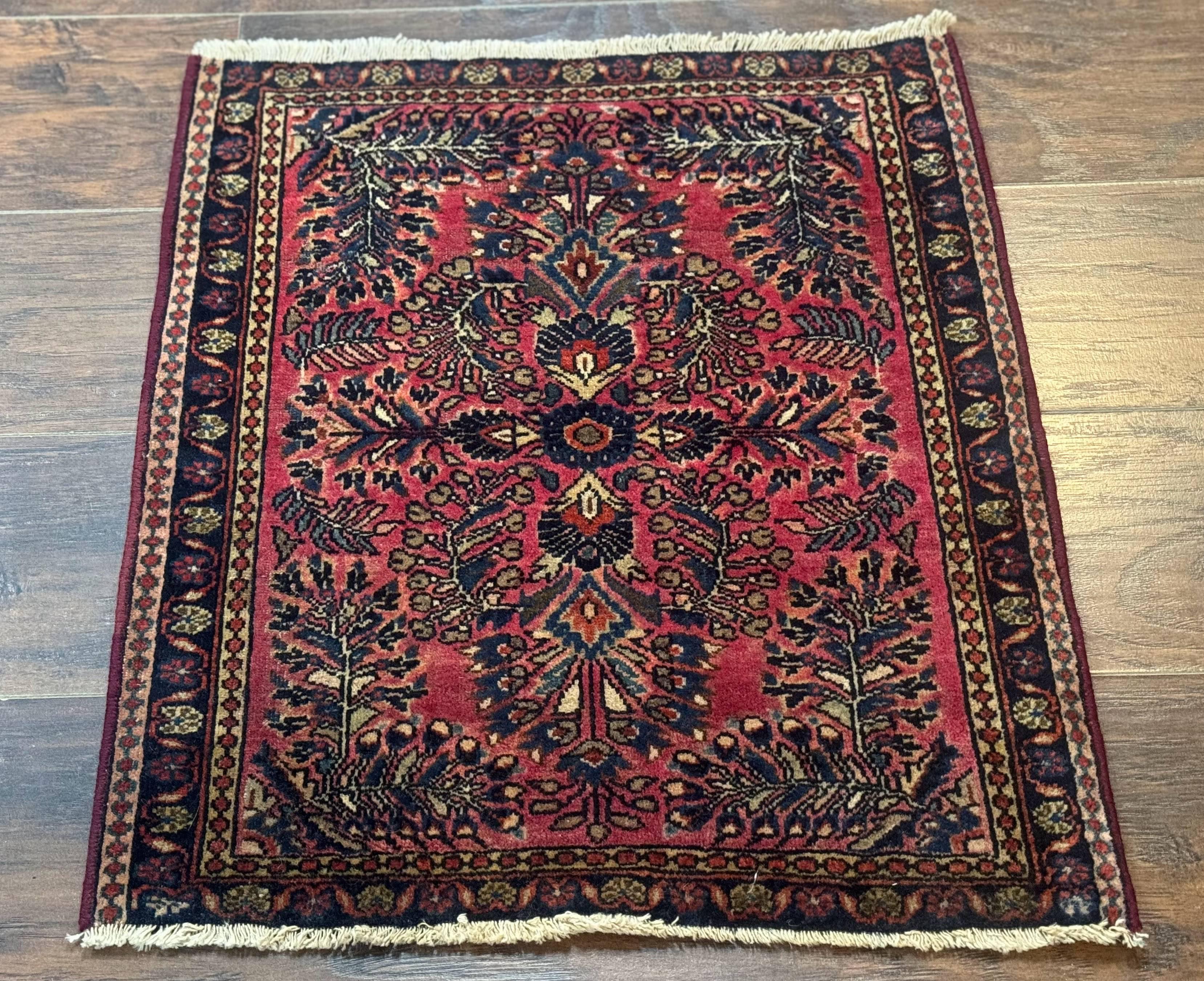 Small Antique Persian Sarouk Rug 2x2 ft, Red 1920s Wool Rug