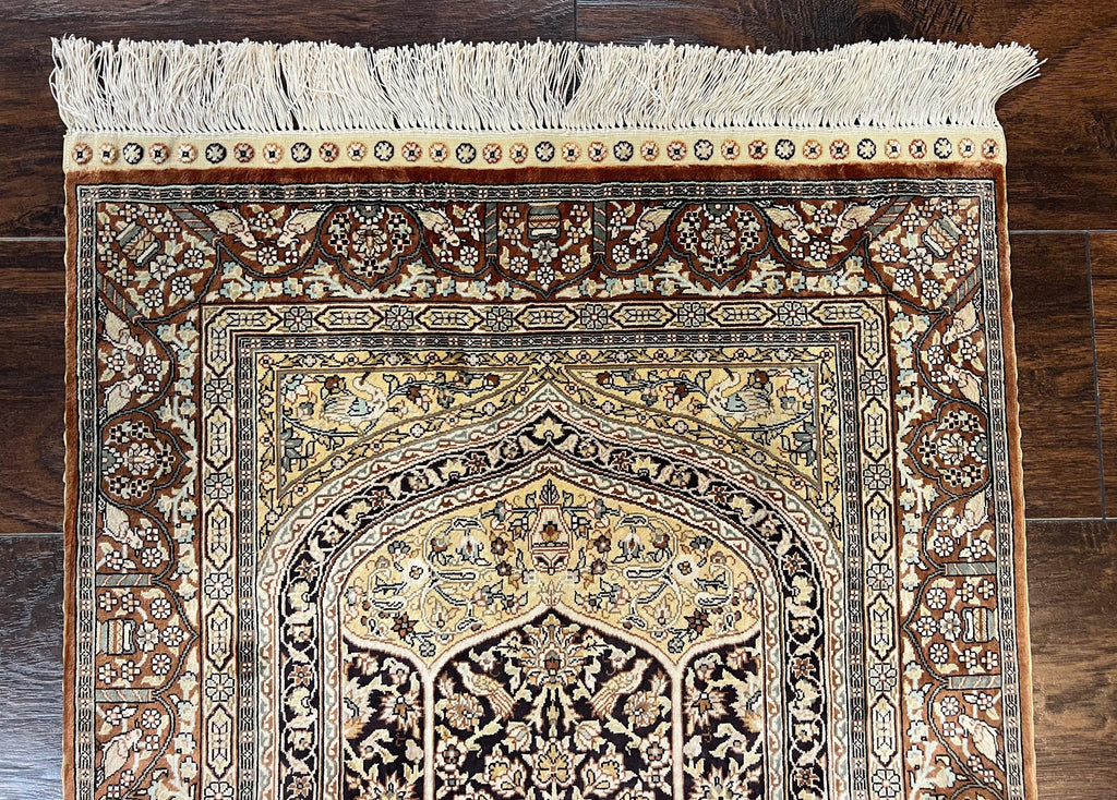 Turkish Silk Hereke Rug 2x3, Floral Vase Tree of Life Birds, Silk Pile on Silk Foundation, Vintage Oriental Carpet, Very Fine, Signature
