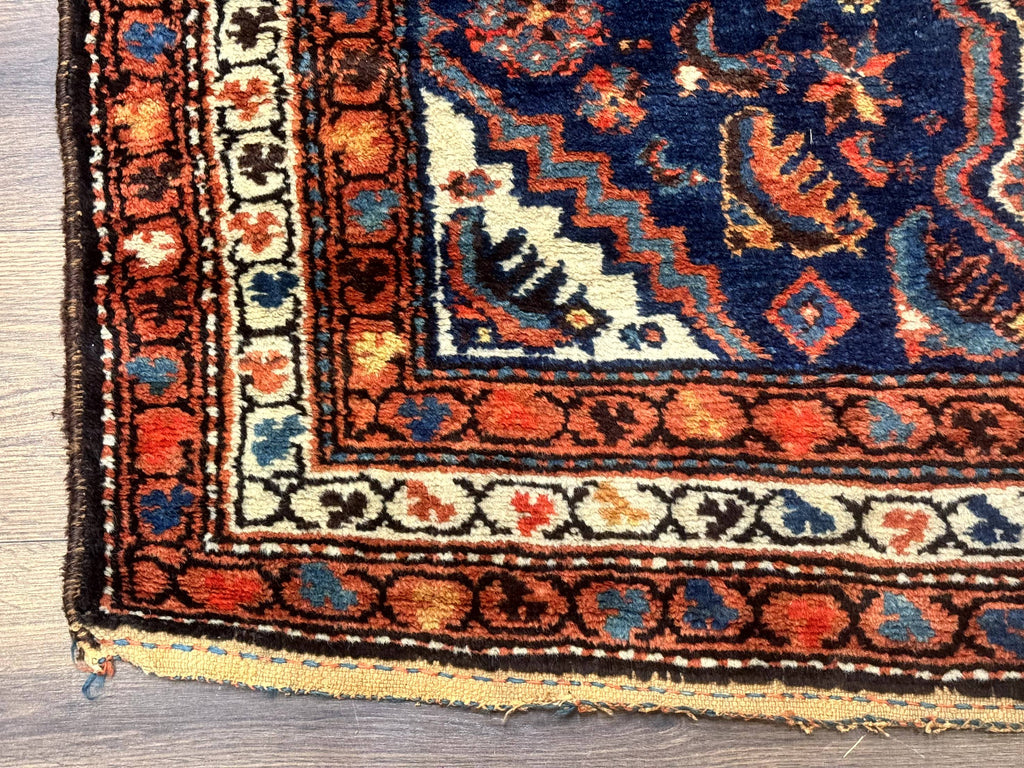 Antique Persian Hamadan Rug 4x6, Geometric, Double Medallions, Navy Blue, Tribal Carpet