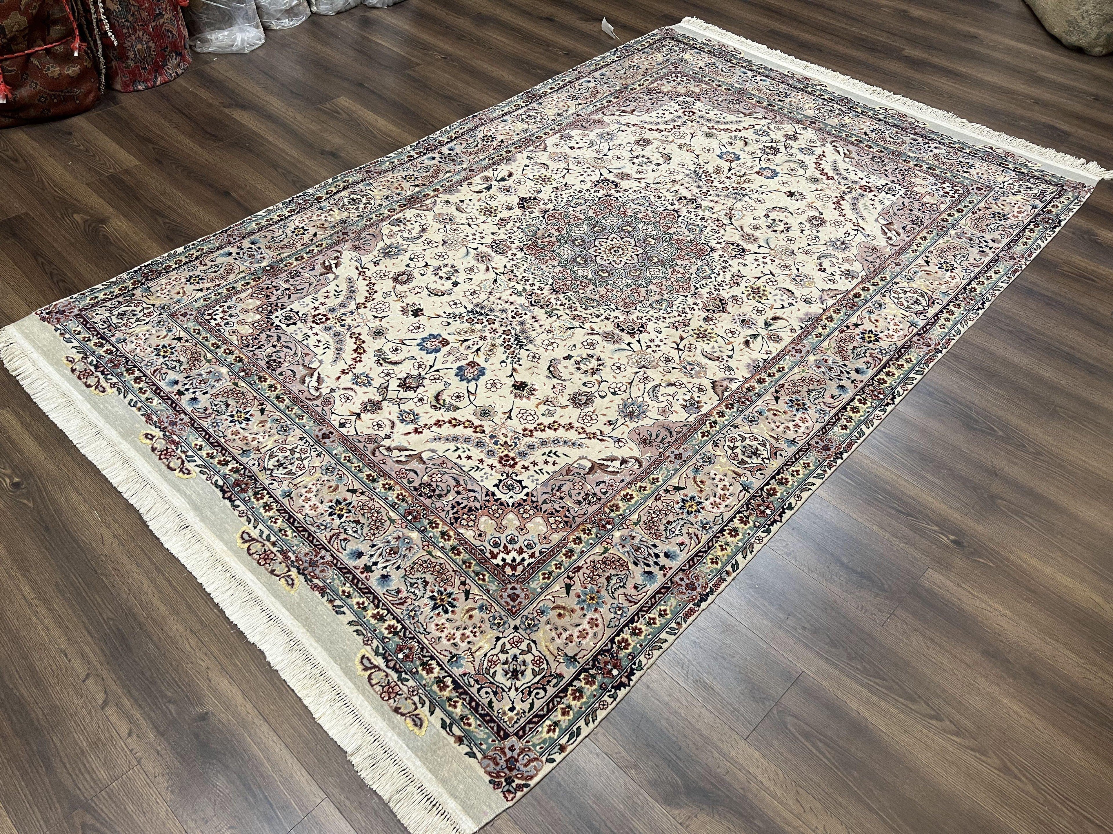 Beautiful Pak Persian Rug 6x9, Floral Medallion, Wool and Silk, Highly Detailed Elegant Carpet, Vintage Oriental Rug 6 x 9, Cream and Gray
