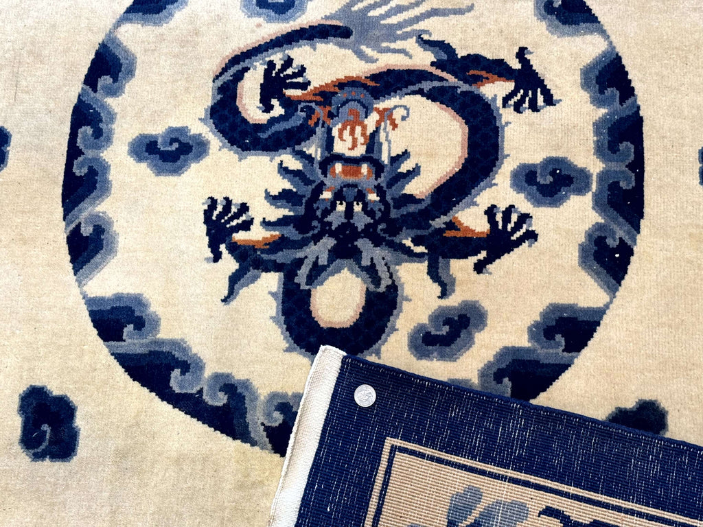 Chinese Dragon Peking Rug 8 x 11.6, Ivory and Blue, Chinese Wool Rug, Vintage
