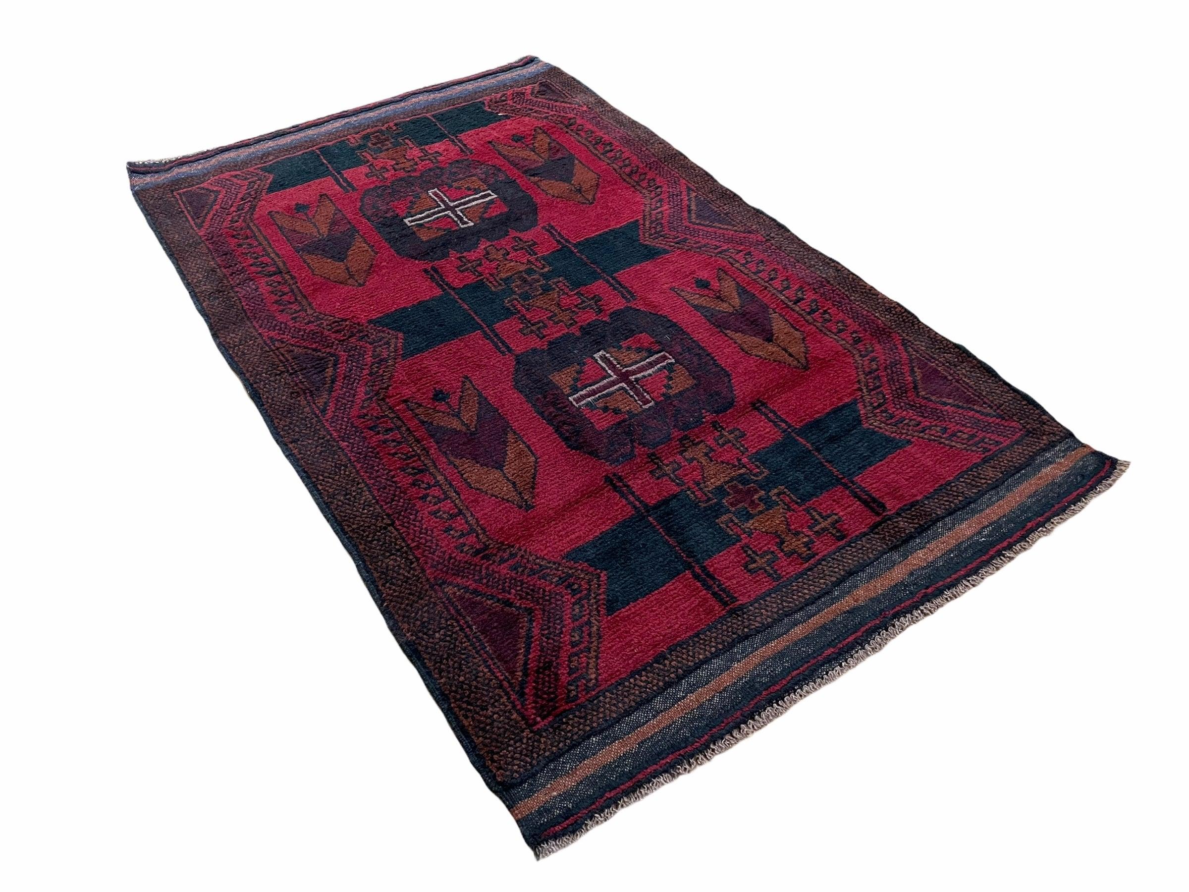 2' 10" X 4'6" Vintage Handmade Tribal Wool Rug Balouchi Rug Afghan Rug Red Black