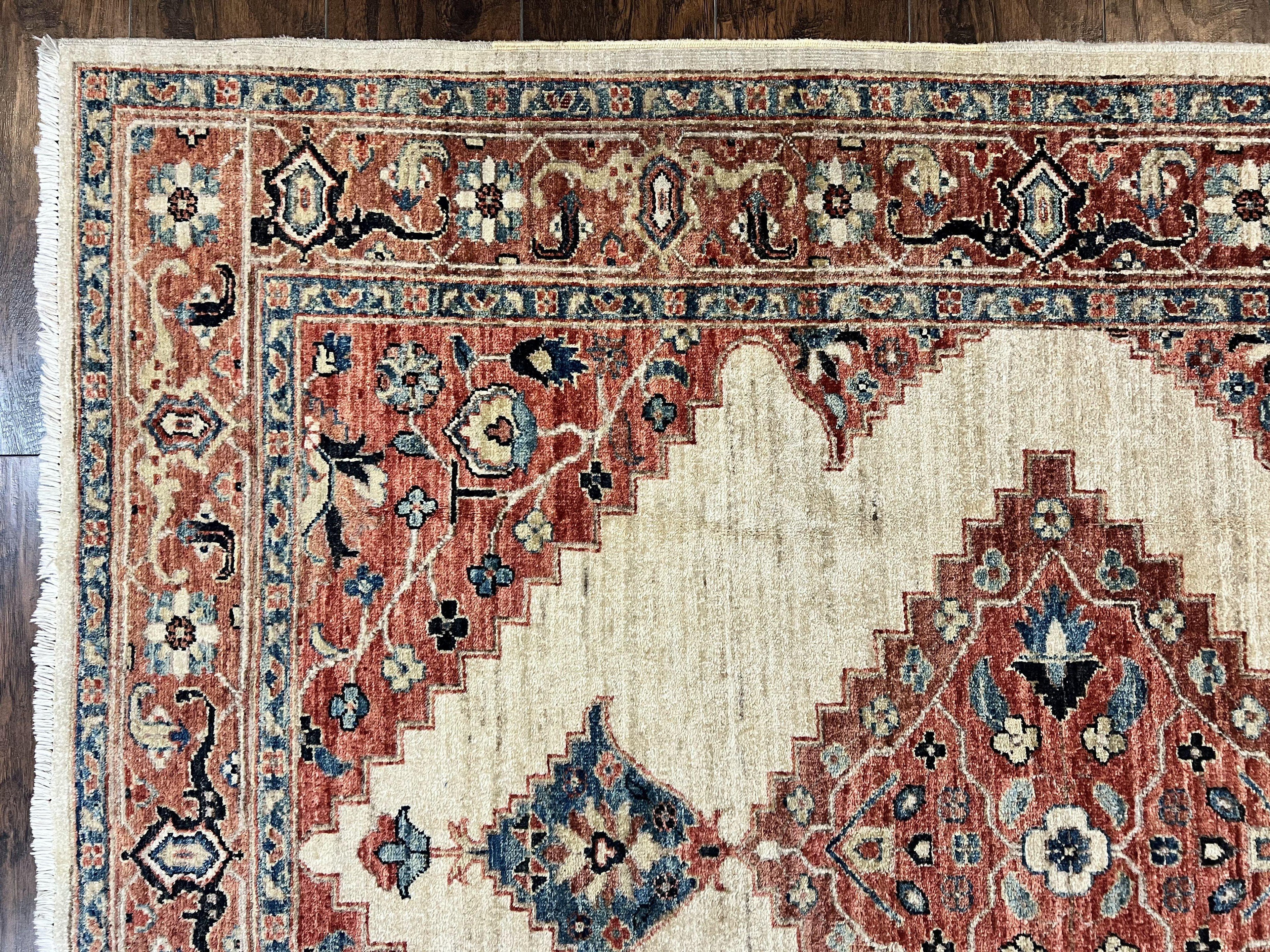 Peshawar Rug 5x7, Wool Hand Knotted Handmade Vintage Carpet, Serapi Design, Pakistani Rug 5 x 7 ft, Medium Sized, Geometric Rug
