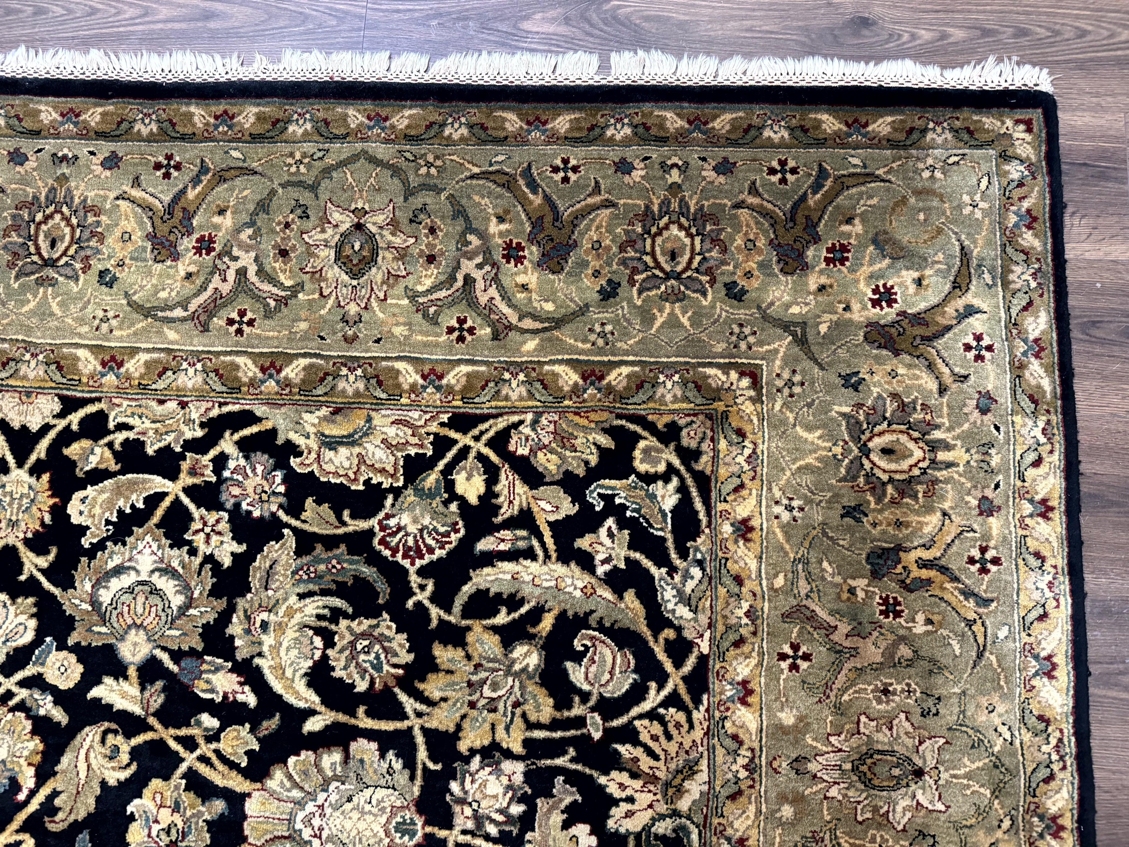 Indo Persian Rug 8x10, Black and Green, Wool, Handmade, Traditional, Floral Allover, Vintage