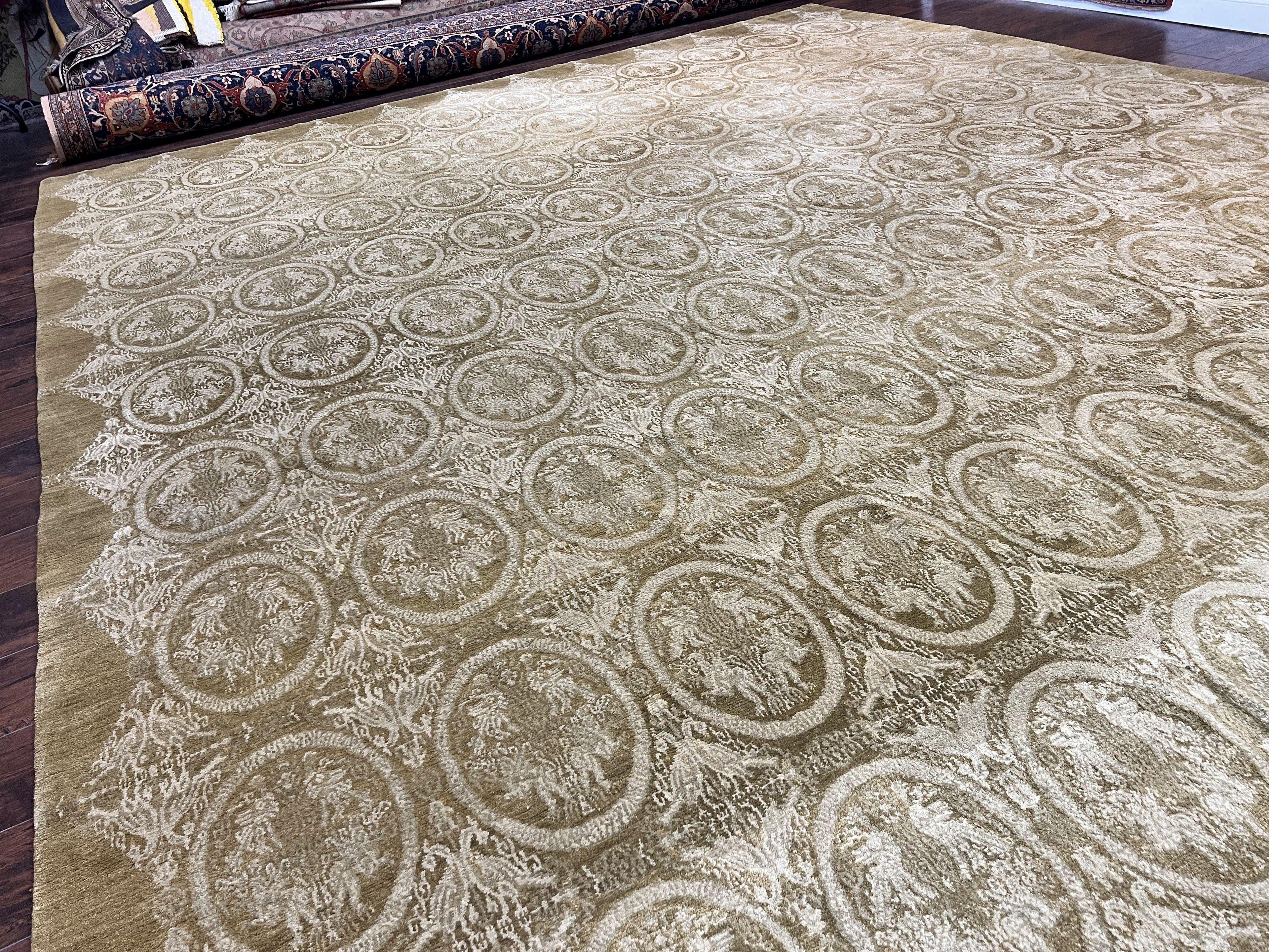 Tibetan Rug 12x15, Wool Hand Knotted Carpet, Odegard Rug, Birds, Olive Green, 12 x 15 Oversized Handmade Contemporary Area Rug, Extra Large