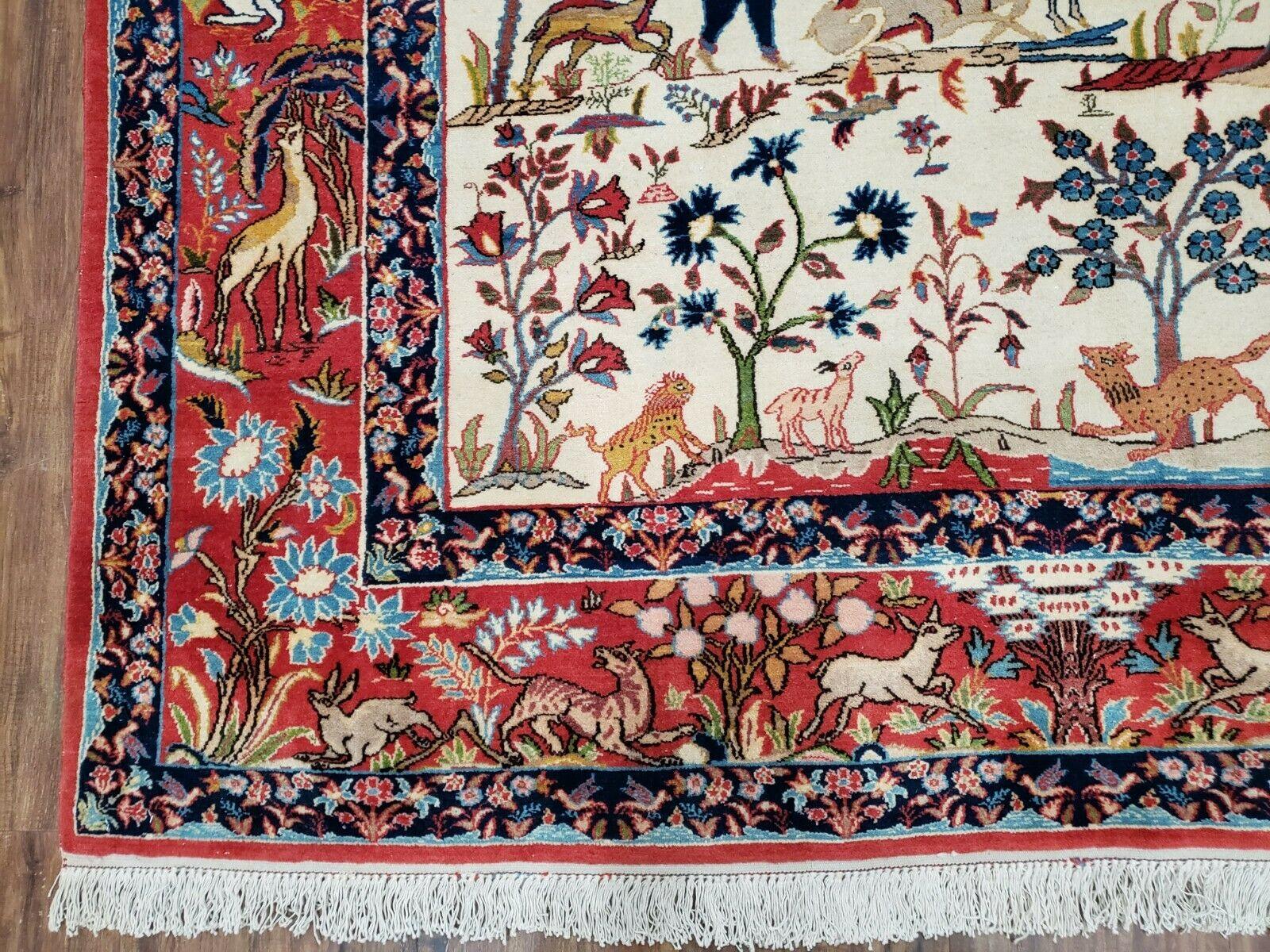 Antique Persian Isfahan Rug 5x7, Animal and Human Pictorials, Hand Knotted Fine Oriental Wool Carpet, Cream and Red, High KPSI, Vintage Rug 5 x 7 ft