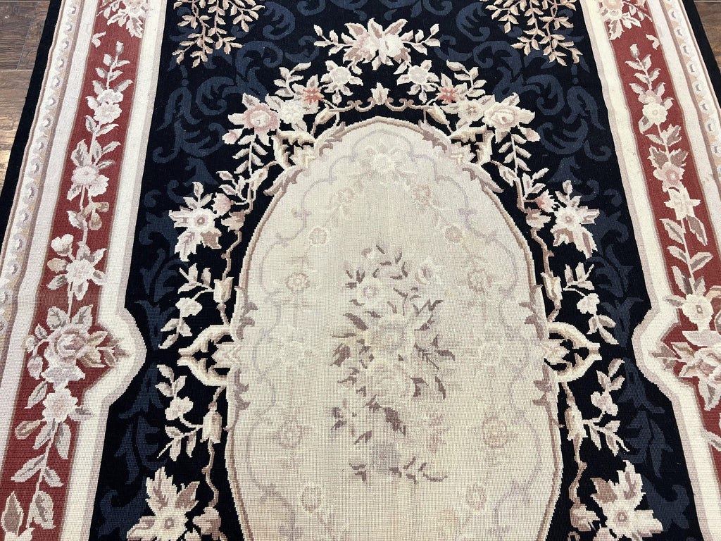 Needlepoint Rug 5x8, Wool Handmade Vintage European Design Carpet, Black & Maroon, French Aubusson Pattern Flatweave Rug