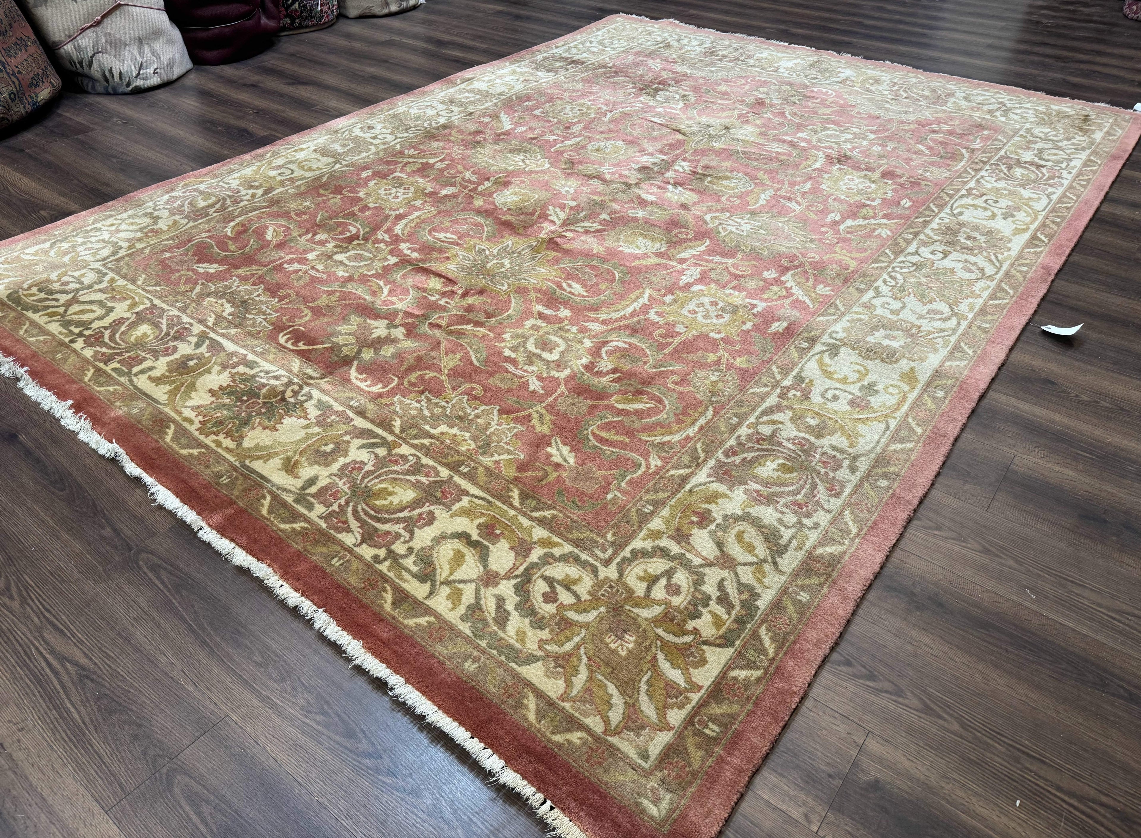 Indian Rug 8x11, Coral and Beige, Floral, Traditional Vintage Wool Carpet