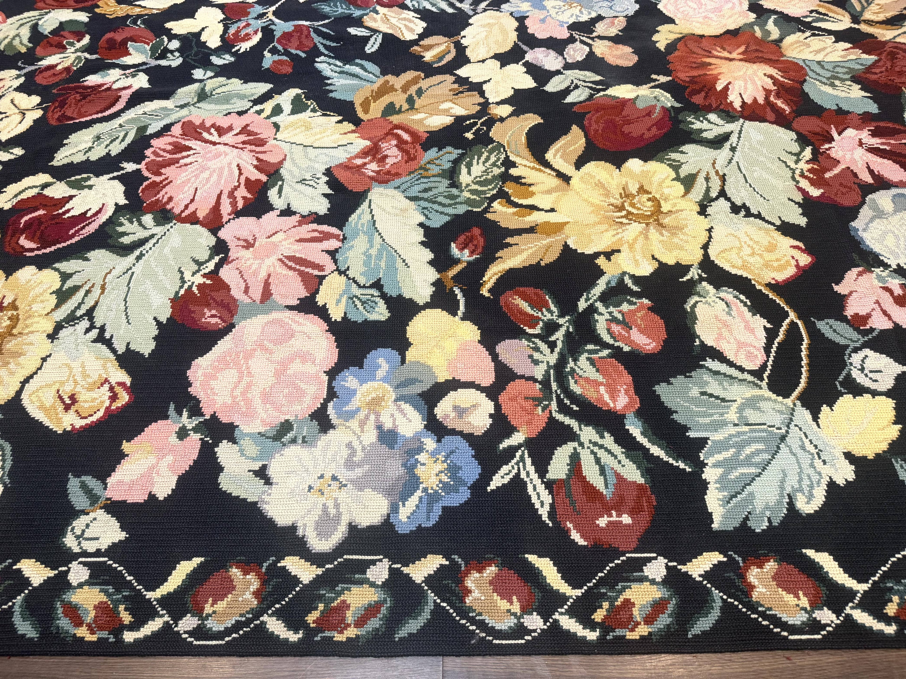 Palace Size Needlepoint Rug 12x18, Vintage Spanish Portuguese Carpet, Floral Design
