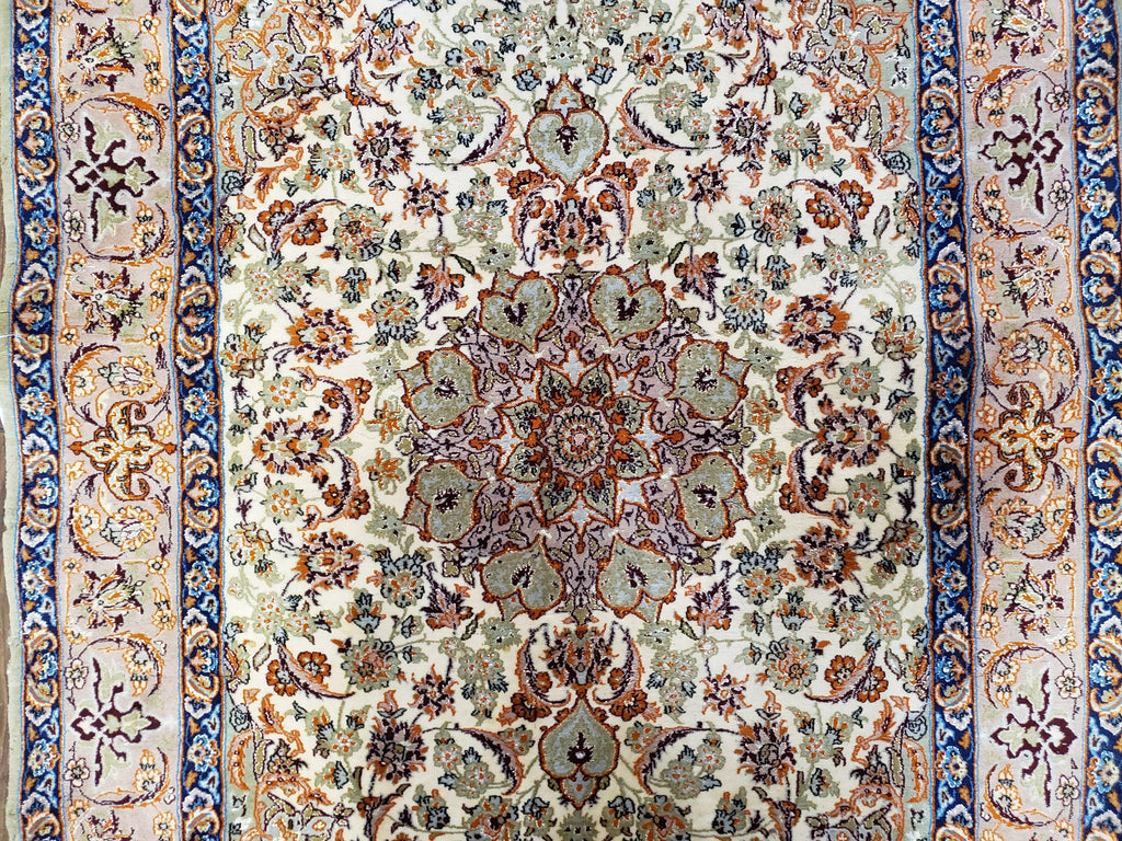 Vintage Persian Isfahan Lachak Toranj Rug, Highly Detailed, Kork Wool on Silk Foundation, Beige and Dark Blue, Hand-Knotted, 3'6" x 5' 4"